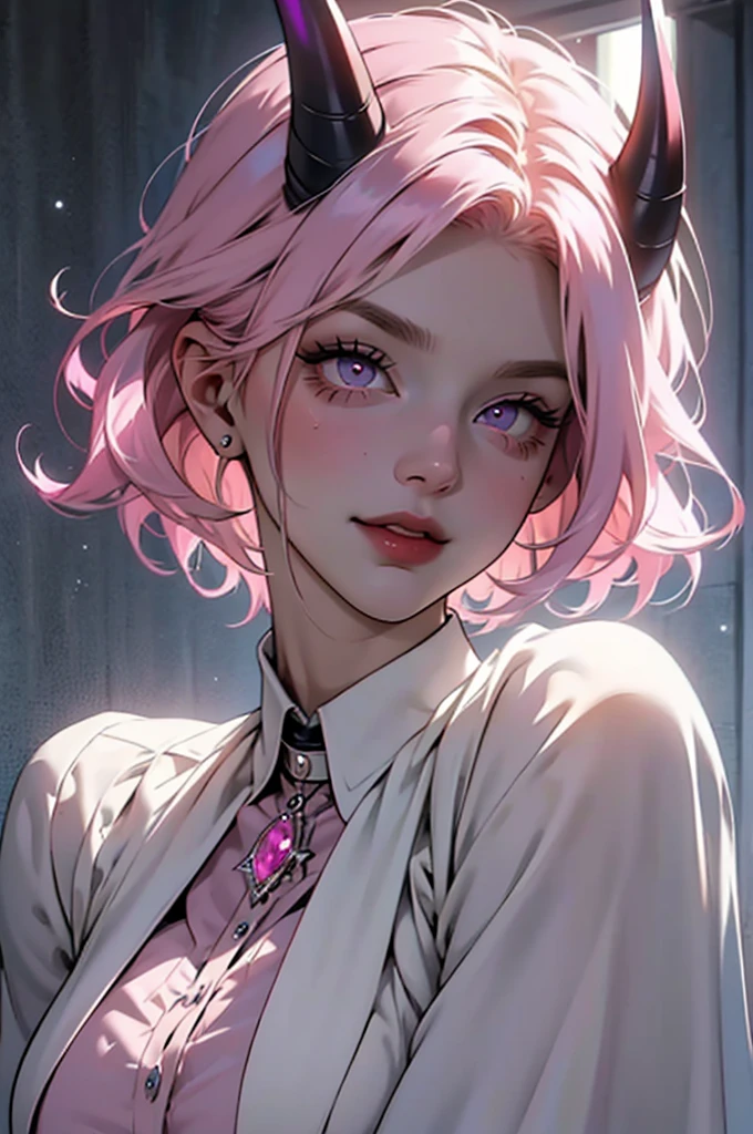 butler outfit, short pink hair, hypdertailed, purples eyes, ashen skin, demon, claws, goat horns, bangss, gothic art, full body shot shot, elegant pose, ssmile, Romanticism, work of art, anatomically correcte, high qualiy, super detaill, best qualityer, 4K, 8k, Perfect Woman, the most beautiful woman, her face has to be symmetrical and beautiful, baby pink hair