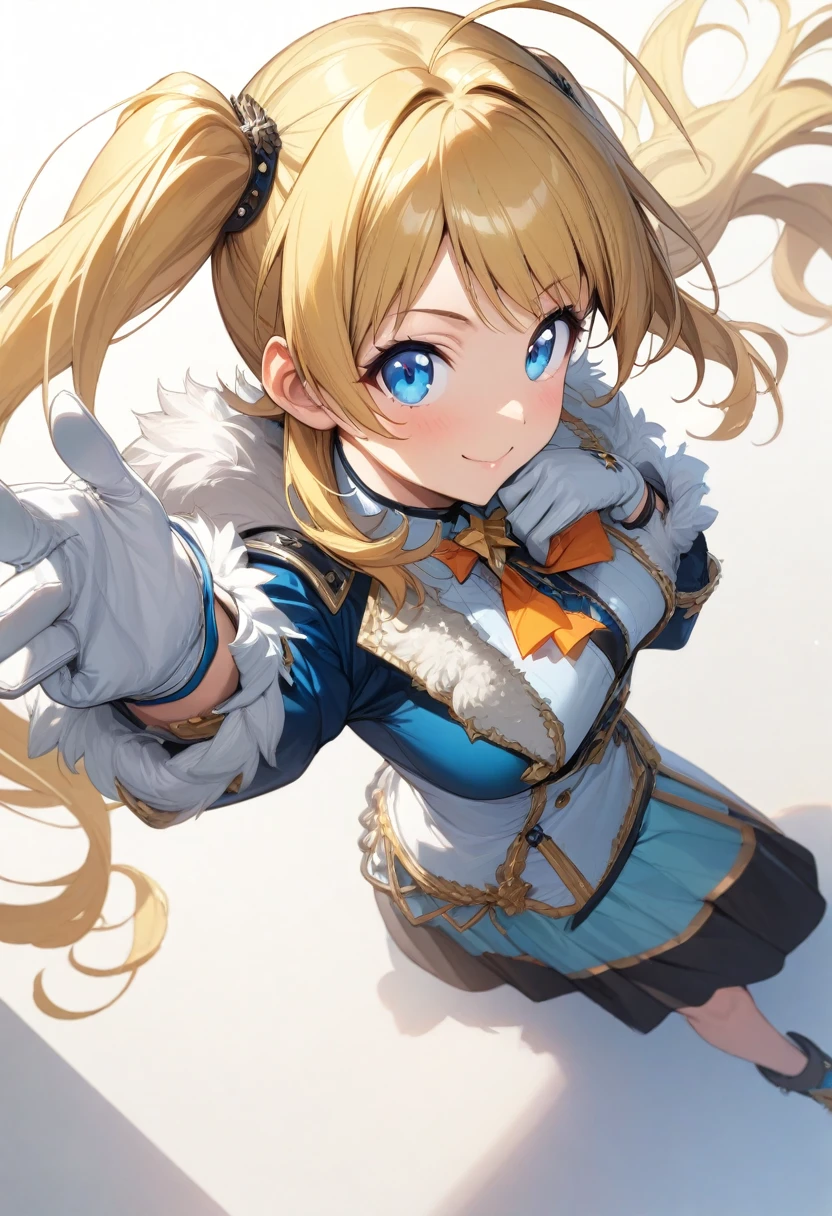 (masterpiece), (best quality), (ultra-detailed), (best illustration), (best shadow), (absurdres), (detailed background), (very aesthetic), meguru hachimiya, 1girl, blonde hair, solo, blue eyes, gloves, skirt, smile, white gloves, white background, looking at viewer, twintails, simple background, long hair, ahoge, fur trim
