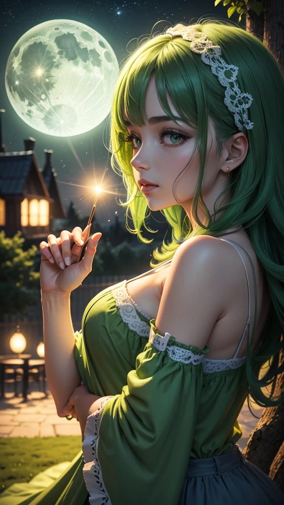 Create a beautiful green night with a magical green moon