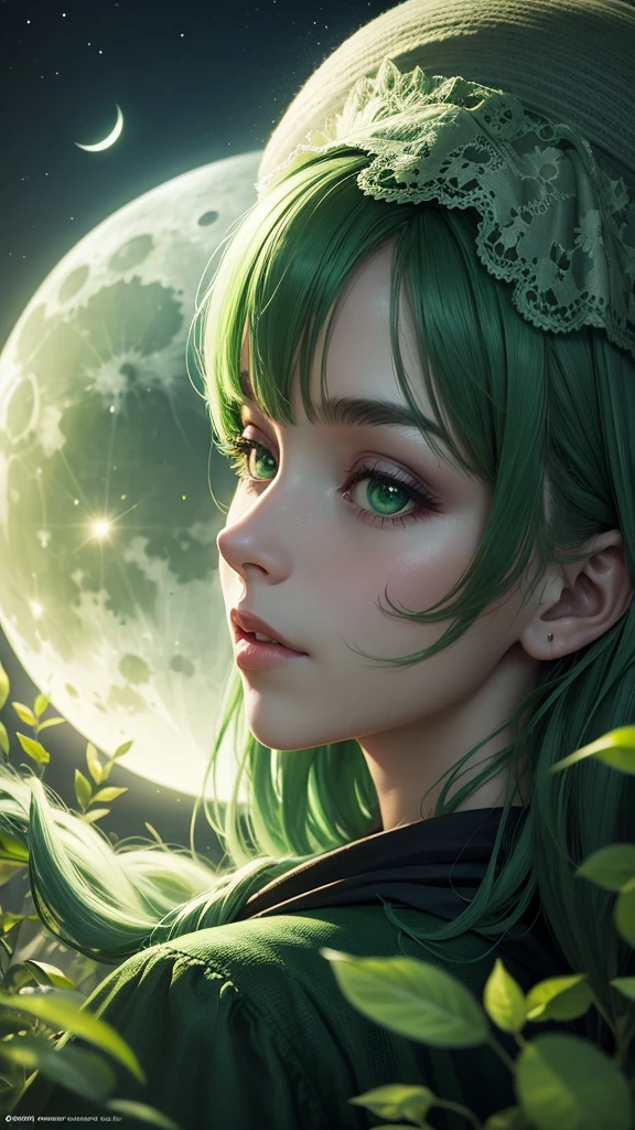 Create a beautiful green night with a magical green moon