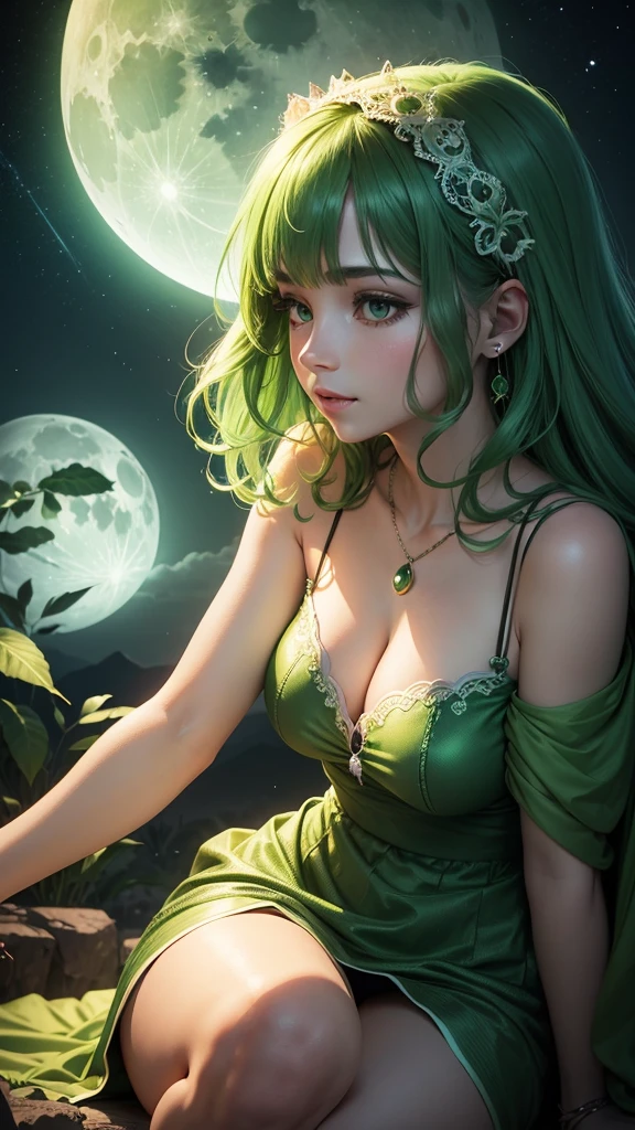 Create a beautiful green night with a magical green moon