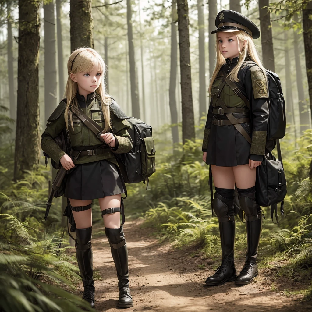 Young blonde adventurer girl, wearing a black military uniform and armor, carrying a large backpack filled with various items. She stands in a forest, looking determined and adventurous, with a hint of curiosity in her eyes