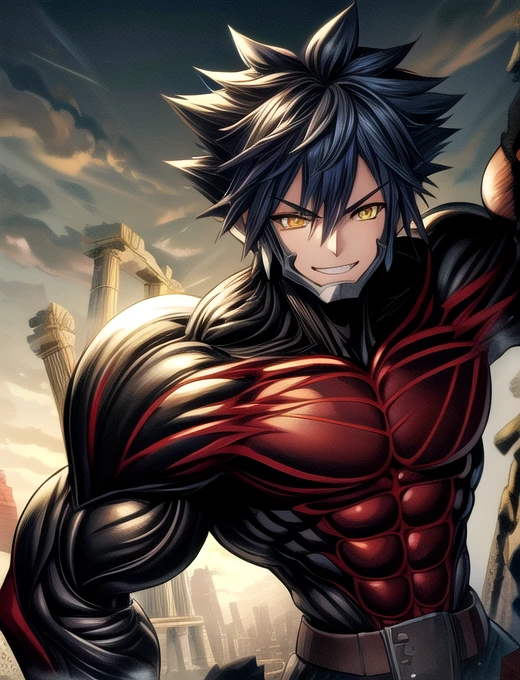 best quality, ​masterpiece, highres, detailed, digitale Illustration, VanitasKH, spiky hair, yellow  eyes, evil smile, Chin guard, Body, ancient ruins, 1 boy, upper body,  muscular,muscular legs , muscular arms, Muscular upper body, muscular abdominal muscles , muscular shoulders, muscular body