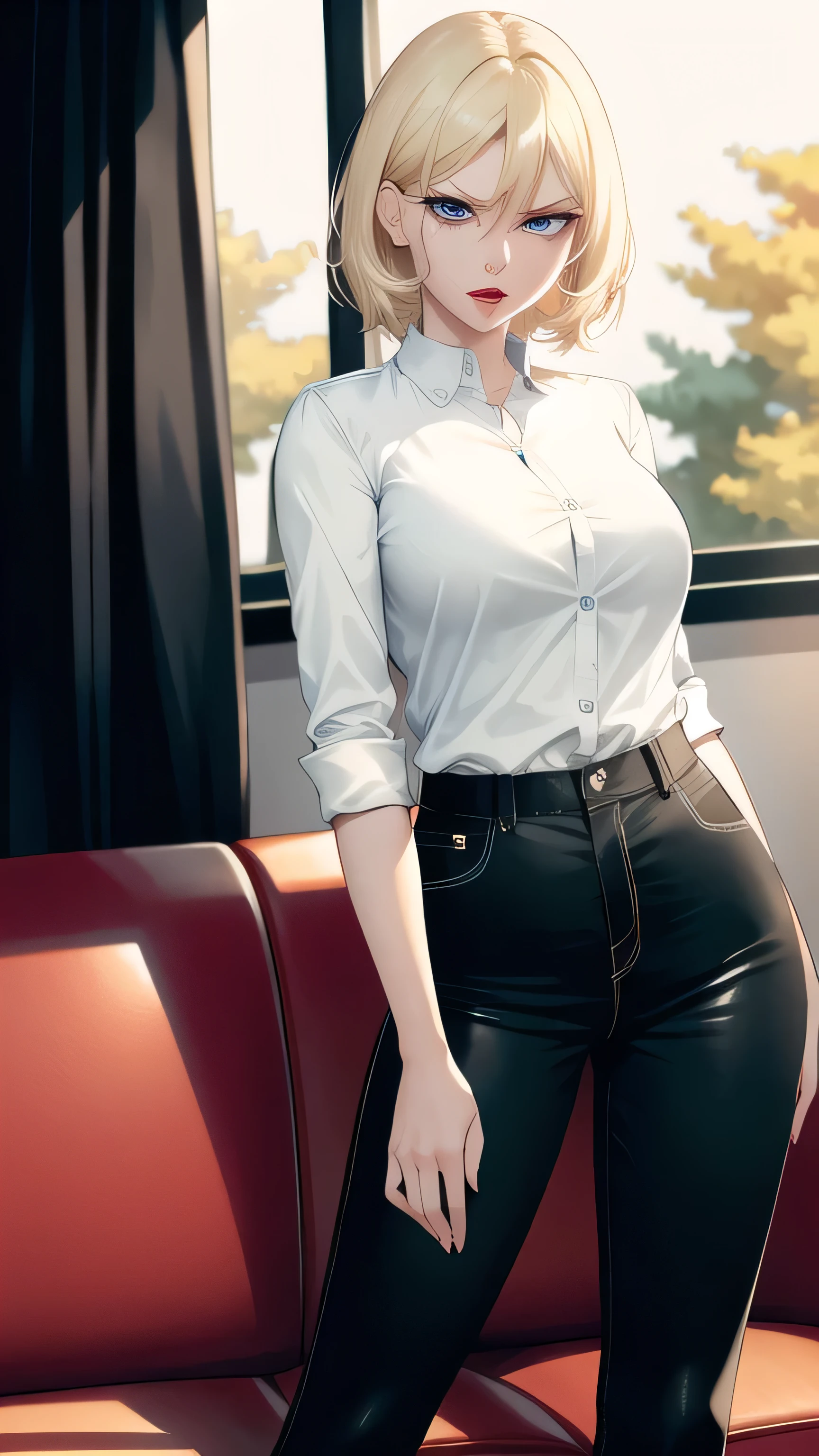 Anime girl in a white shirt and black pants posing on a red couch ...