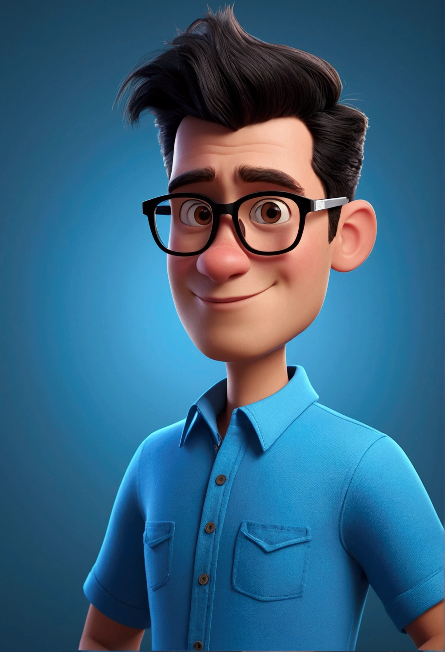 Cartoon character of a man in black glasses and blue shirt, animation character, stylized character, animation style rendering, 3d stylized, Arnold Maya rendering, Stylized 3D rendering, toon render screenshot, 3d character, 3d character, Stylized 3D rendering, 3D character rendering, cartoon character, Personagem de close up, character posing,  (Pixar-style) (master part:1.2) (bokeh) (best qualityer) (skin detailed) (detailed texture) (8k) (Argilla) (cinematic lighting) (sharp focus