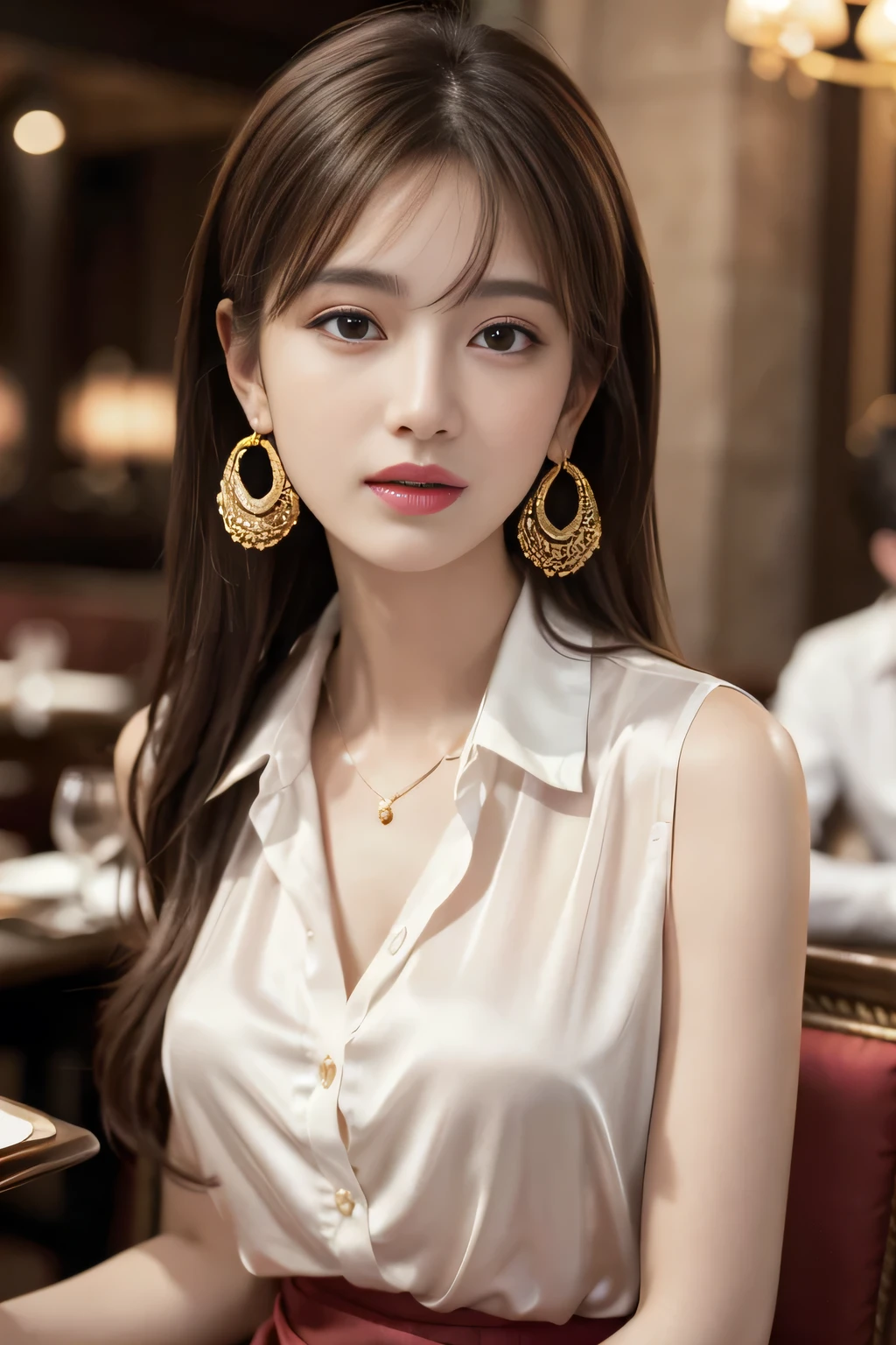 masterpiece, Highest quality, Realistic, Very detailed, Finer details, High resolution, 8k wallpaper, One beautiful woman, Wear a pretty colored silk shirt, In a great restaurant, At night, Light brown messy hair, Perfect dynamic composition, Beautiful and beautiful eyes、Big earrings、chest、Sleeveless shirt、