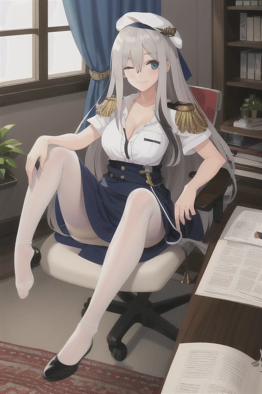 lexington (warship girls r), ((Masterpiece)), (((Best quality))), ((Ultra-detailed)), ((illustration)), ((Disheveled hair)), ((frilld)), (1 girl), (Solo), :) ， beret， black sock ， book ， Breasts ， macaron， chair， Closed mouth， Clothing， Curtains ， day， desk ， drawer， epaulette ， eyeslashes， Feet ， Female ， full bodyesbian， hair between eye ， Hat ， Headwear， Indoors ， legwear ， Lens flare ， lipstick， Long hair， view the viewer， Makeup， Medium breasts ， No shoes ， Office chair ， One eye closed ， Open clothes ， Open shirt ， Pantyhose， Paper， Paper stacks ， pen， Phone， black shadows ， shirt ， Short sleeves ， Sitting ， Smile， A sole， （Spread legs:1.2） ， Sunlight ， Toes， White hat ， White headwear， White shirt， window ， wink，