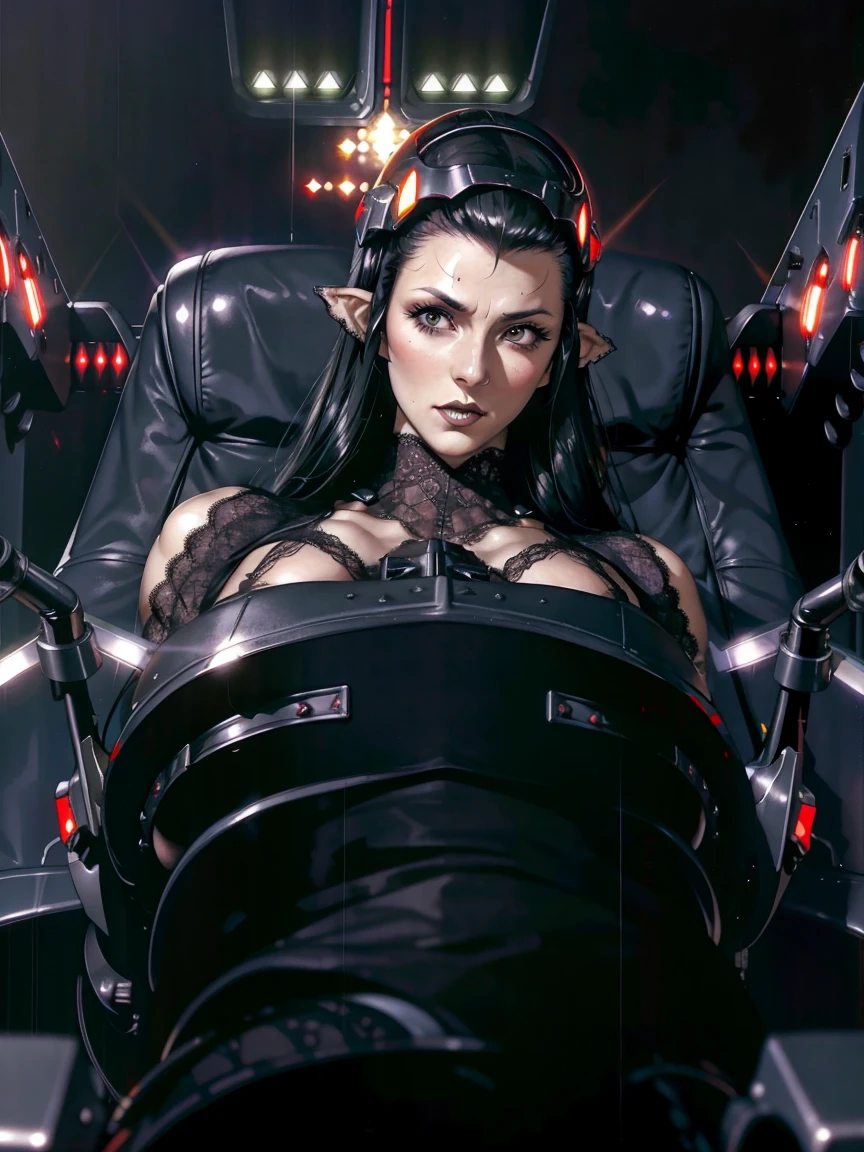 (((gothic vampire piloting) in gothic spacecraft)), (((retro anime))), ((from below)), ((120 fov)), ((((gothic)) control panels)), (((mature))), (((gothic))), (iridescent) bodysuit, ((((lace accessories)))), ((pilot seat)), ((((lying back)) pose)), (((elegant))), (((serious tone))), ((cockpit top control panel)), intricate control panel details, close-up, 1990s (style), masterpiece, ((claustrophobic)), best quality, screens, ((pilot helmet)), night, ((low key light)), (colorful cockpit lights), sparkles, (dramatic lighting), sweat, [blushing], [[pointy ears]], (dark background)