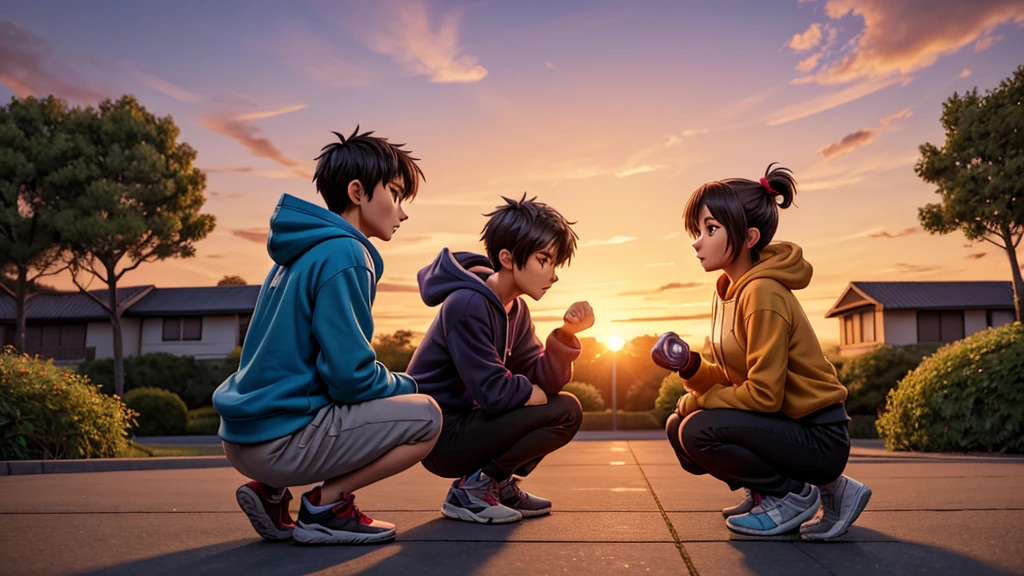Create an anime-style illustration of two characters in a training session at sunset. The main character, dressed in a hoodie, is shadowboxing, while the other character, looking tired, is crouched on the ground. The scene is set against a backdrop of a suburban area with lush greenery and a dramatic sunset sky with warm hues.