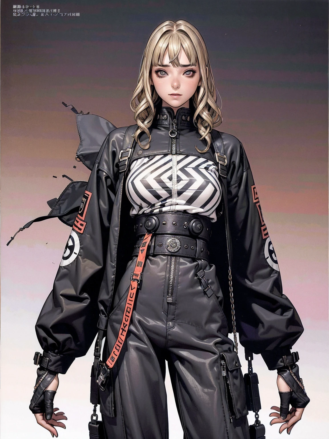 (best qualityer))), (((manga strokes))), (((blonde curly hair with bangs))), (((baggy pants with black spots))), (((Chevron pattern))), (((Rusc GFX_dark))), uma Kizi jovem muito bem vestida com roupas modernas de inverno, pants with paint splatters, top gift vertical stripes, short jacket with dark fur collar, beautiful and expressive face, slightly-smile, big eyes with long black eyelashes, heavy make-up, chains and zippers spread across clothes, contrasting colours, pose de atitude, hair with a modern and futuristic cut, urban game poster art, dramatic camera angles, graffiti art elements in the background, design mixing contemporary and retro by Shepard Fairey, (((cowboy shot))), (((best qualityer: 1.4))), (Unbeatable masterpiece), (hiper HD),(CG 8k hyper-realistic), Kizi, (((standing alone))), pirralha violent, (((14歳))), sexly, pose de atitude, work of art, post-apocalypse, (((manga style))), bounty hunter, violent, Manic, the way you want, slenderbody, thin but strong, perfectbody, roupa moderna, advanced technology, neon, chevron pattern sleeves, abandoned factory background, (( cowboy shot )). intricate visual