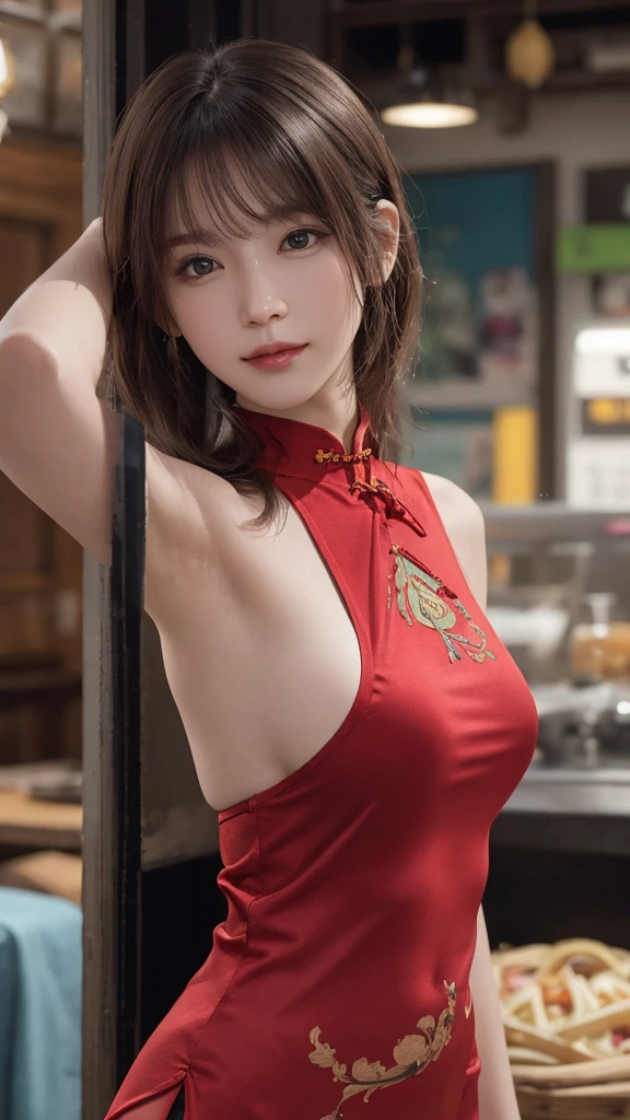 (masterpiece:1.2, Highest quality), (Realistic, photoRealistic:1.4), Beautiful illustrations, (natural ~ side lighting, Cinema Lighting), Browsing Caution,
Looking at the audience, Face Focus, Upper Body, 1 girl, Japanese, high school girl, Perfect Face, Symmetrical cute face, (Glowing Skin:1.3), Perfect Eyes,
(Double Bang:1.3, Brown Hair), Asymmetrical bangs, Brown eyes, (Large Breasts:1.3), Narrow waist,(Big Ass:1.2),
Beautiful Hair, Beautiful Face, Fine and beautiful eyes, Beautiful clavicle, Beautiful body, Beautiful breasts, Beautiful thighs, Beautiful legs, Beautiful fingers,
((High-quality fabric, Sleeveless Red Micro Mini Cheongsam, Slit at waist)),
(Beautiful views), evening, (Ramen shop), walk,(A small smile, Upper Eye), ,((Please show me your armpits)),~ side ,