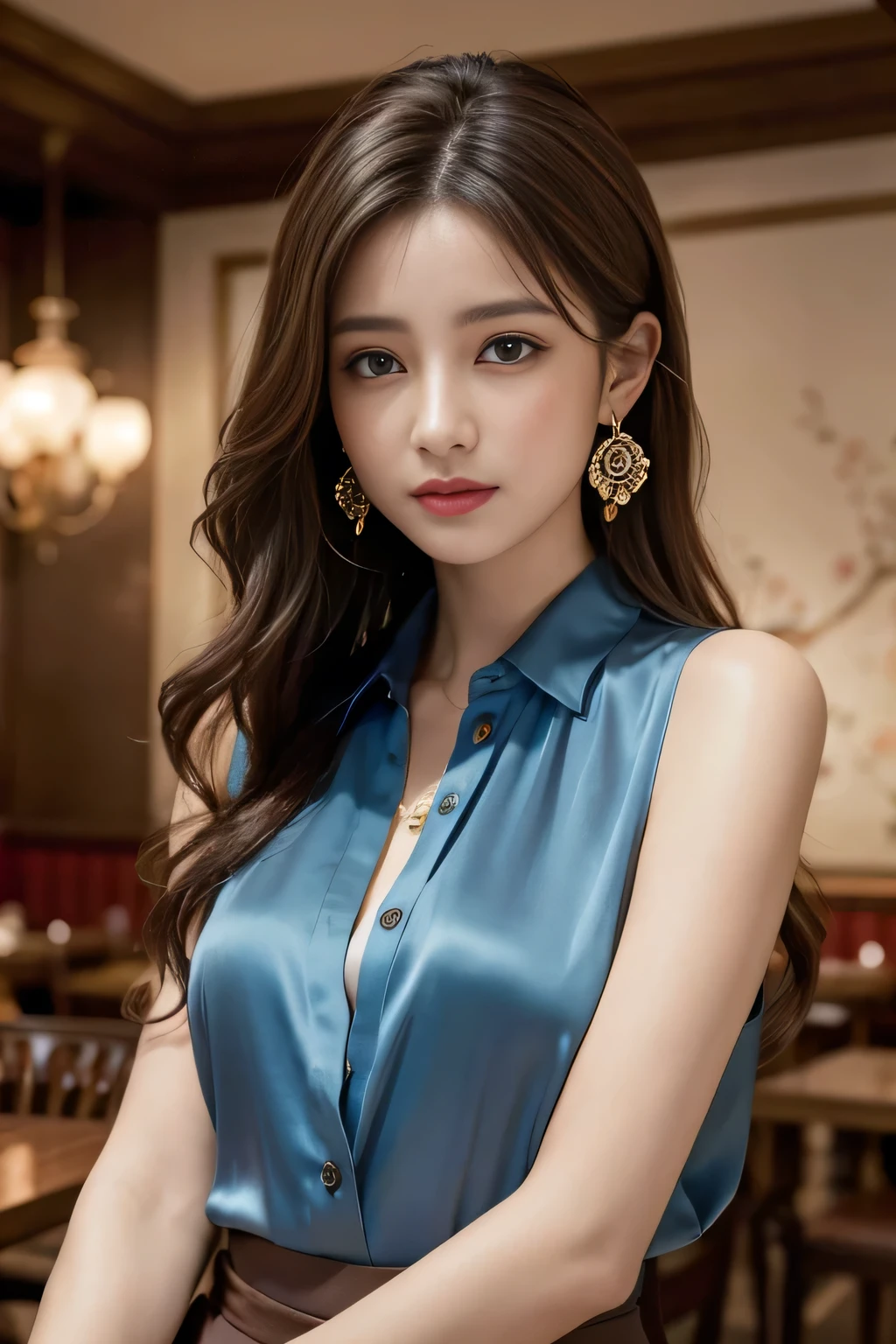 masterpiece, Highest quality, Realistic, Very detailed, Finer details, High resolution, 8k wallpaper, One beautiful woman, Wear a pretty colored silk shirt, In a great restaurant, At night, Light brown messy hair, Perfect dynamic composition, Beautiful and beautiful eyes、Big earrings、chest、Sleeveless shirt、