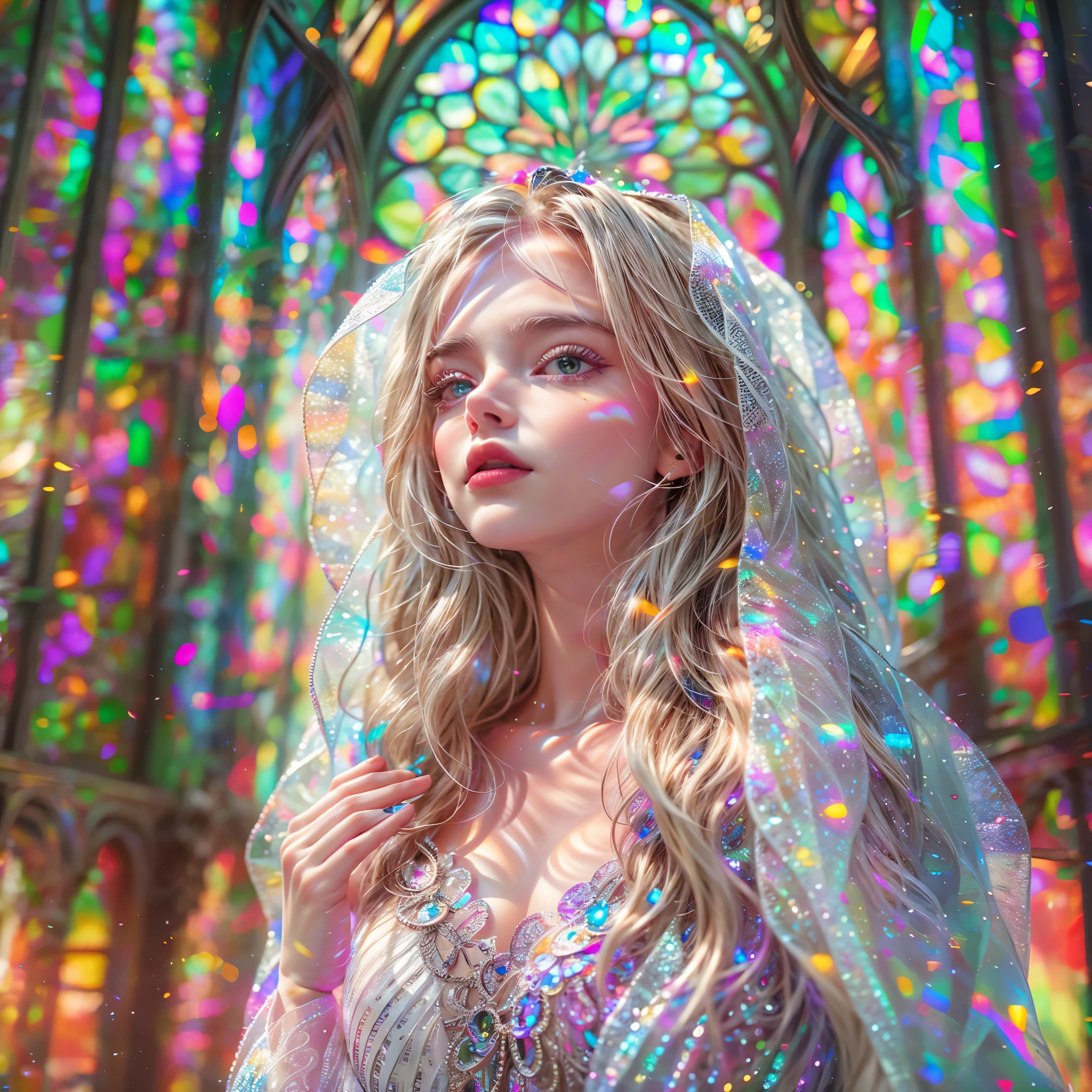 (Cathedral from below:1.28)  (BokeH ZoomLayer) (TopQuality 8K masterpiece of ((Professional photo:1.37))), (((Clarisse de Cagliostro))) (Detailed White WeddingDresses), Chain, (CloseUp of (Extremely detailed (KAWAII face))) {((VeiledFace))|BlondeHair|(Elaborate BuleEyes)with(SparklingHighlights:1.28)}, The background is distant (((Elaborate stained glass))) Rainbow Glass, {(MysticSight)|EnchantingAtmosphere|Haze|(GodRays)|TyndallEffect}, Radiant PearlSkin with Transparency, (Exposed:0.88), BluB