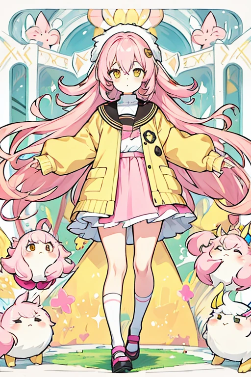 women, pastel pink hair, yellow eyes, fluffy yellow sweater, pink skirt, big white socks, black shoes, small