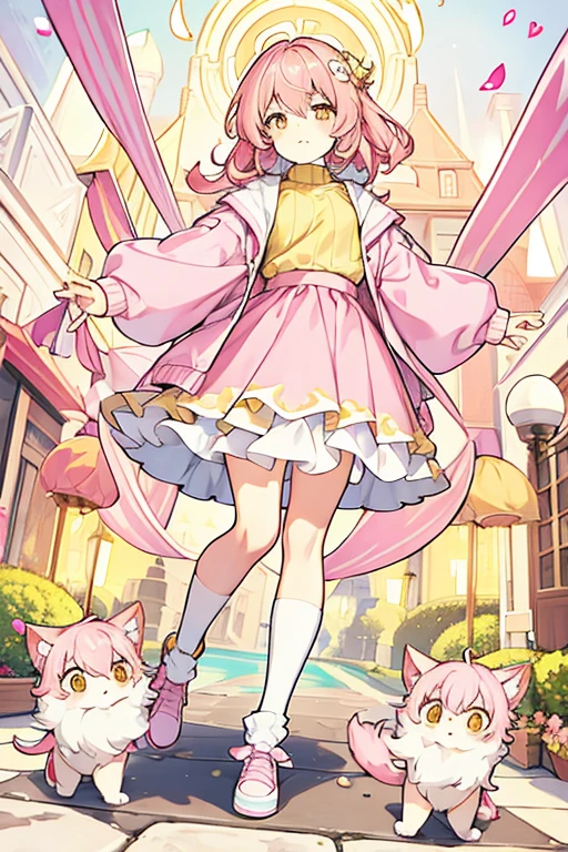 women, pastel pink hair, yellow eyes, fluffy yellow sweater, pink skirt, big white socks, black shoes, small