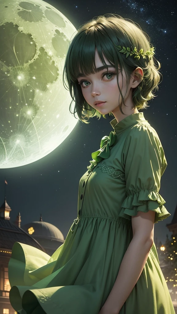 Create a beautiful green night with a green moon that is something magical that there are no people