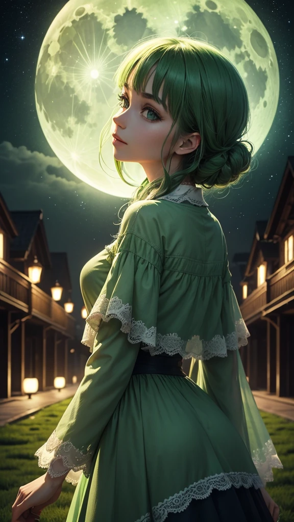 Create a beautiful green night with a green moon that is something magical that there are no people