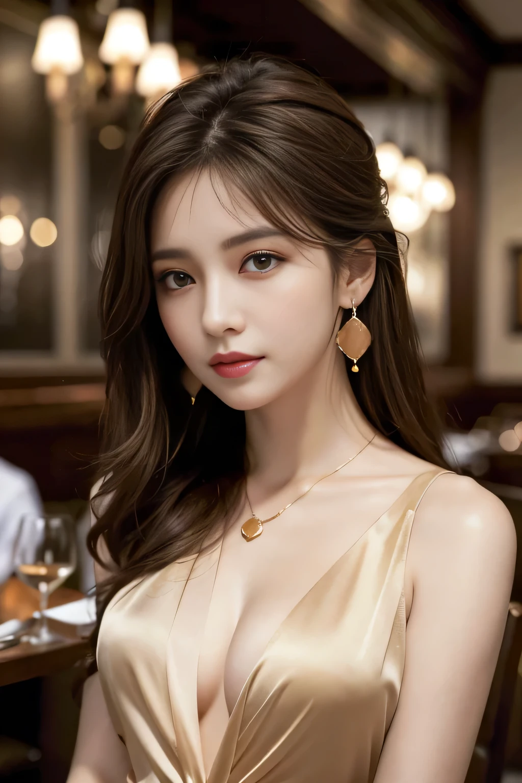 masterpiece, Highest quality, Realistic, Very detailed, Finer details, High resolution, 8k wallpaper, One beautiful woman, Wear a pretty colored silk shirt, In a great restaurant, At night, Light brown messy hair, Perfect dynamic composition, Beautiful and beautiful eyes、Big earrings、chest、Sleeveless shirt、