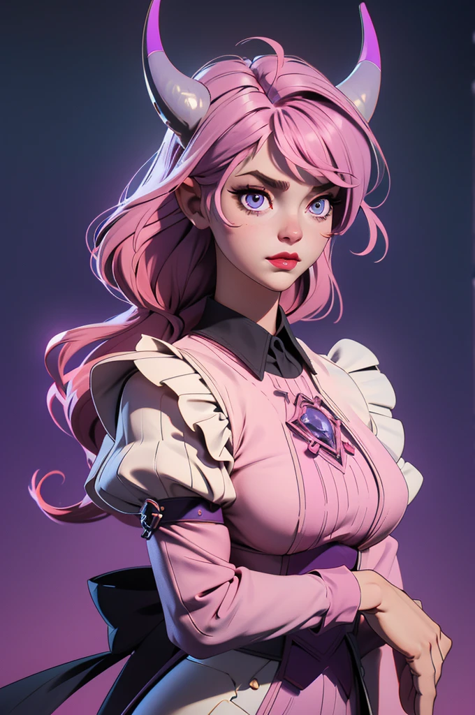 butler outfit, short pink hair, hypdertailed, purples eyes, ashen skin, demon, claws, goat horns, bangss, gothic art, full body shot shot, elegant pose, ssmile, Romanticism, work of art, anatomically correcte, high qualiy, super detaill, best qualityer, 4K, 8k, Perfect Woman, the most beautiful woman, her face has to be symmetrical and beautiful, baby pink hair