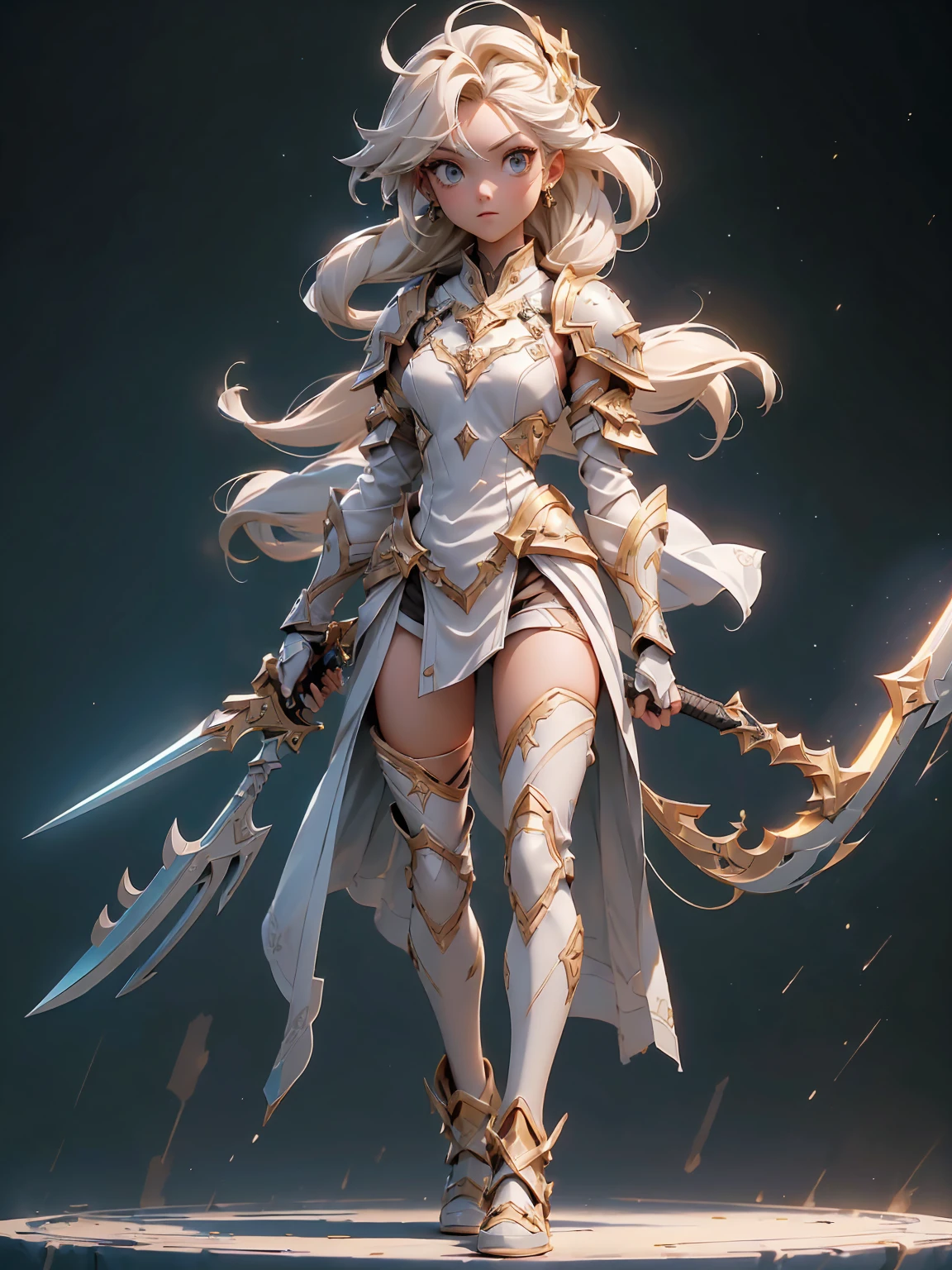 (((masterpiece, best quality, high detailed, 8k))) Design a layout showcase Gaming character, (1girl). Gold|White clothes, stylish and unique. ((showcase weapon:1.4)), celestial bow. (masterpiece:1.2), (best quality), 4k, ultra-detailed. (Step by step design, layout art:1.5), (luminous lighting, atmospheric lighting). celestial archer, ((glove full hands)), (((revealing clothes:1.3))), vambraces, armored legwear, (((full_body_shot:1.4))). {In a starry sky}.