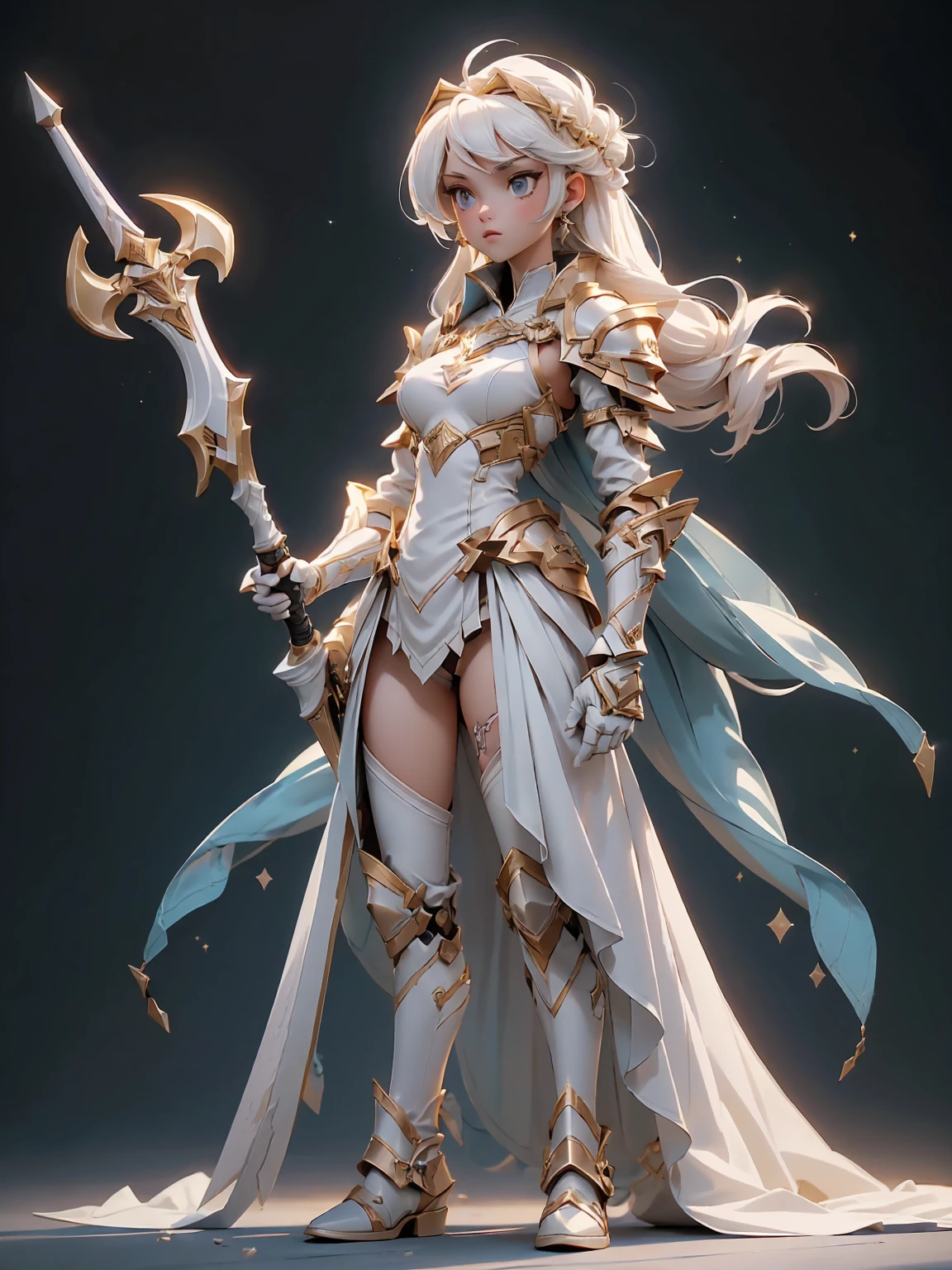 (((masterpiece, best quality, high detailed, 8k))) Design a layout showcase Gaming character, (1girl). Gold|White clothes, stylish and unique. ((showcase weapon:1.4)), celestial bow. (masterpiece:1.2), (best quality), 4k, ultra-detailed. (Step by step design, layout art:1.5), (luminous lighting, atmospheric lighting). celestial archer, ((glove full hands)), (((revealing clothes:1.3))), vambraces, armored legwear, (((full_body_shot:1.4))). {In a starry sky}.