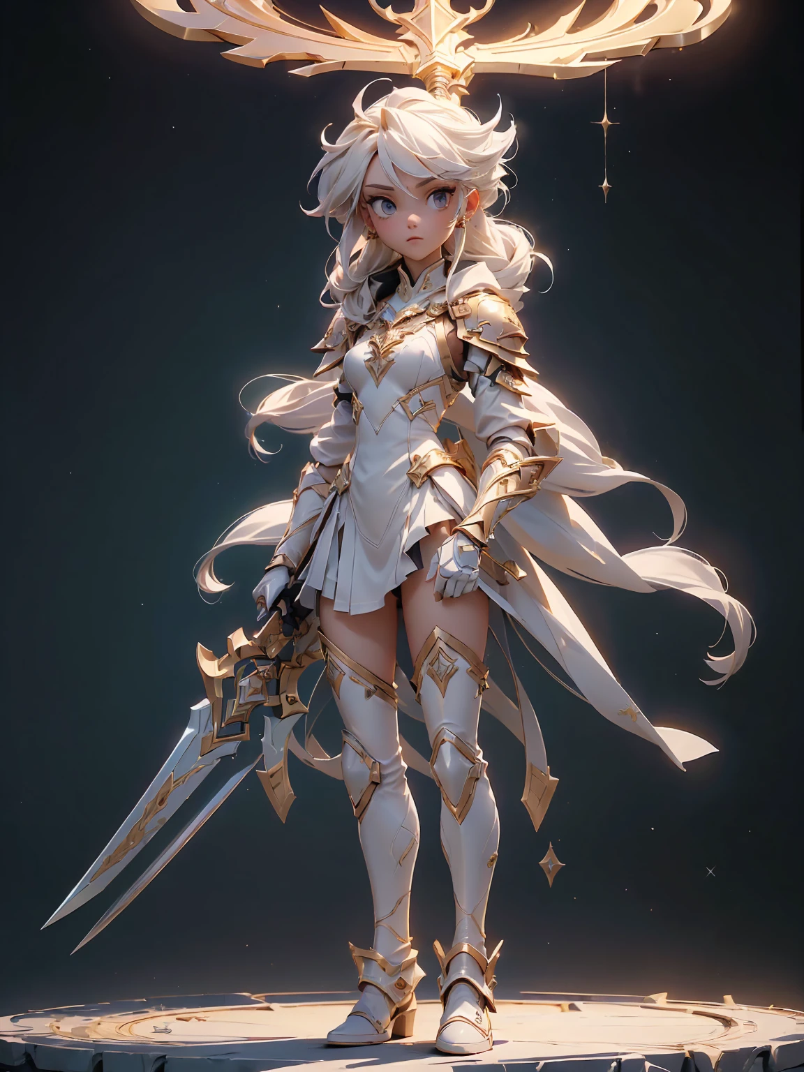 (((masterpiece, best quality, high detailed, 8k))) Design a layout showcase Gaming character, (1girl). Gold|White clothes, stylish and unique. ((showcase weapon:1.4)), celestial bow. (masterpiece:1.2), (best quality), 4k, ultra-detailed. (Step by step design, layout art:1.5), (luminous lighting, atmospheric lighting). celestial archer, ((glove full hands)), (((revealing clothes:1.3))), vambraces, armored legwear, (((full_body_shot:1.4))). {In a starry sky}.