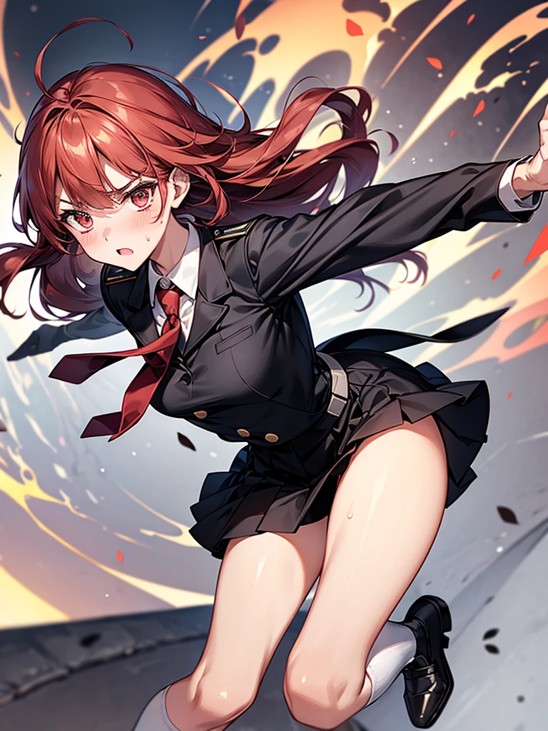 Dynamic composition,{{masterpiece}}, {{{Highest quality}}},{{Very detailed}}｛{{A mature woman attacks with fire magic}}｝,{{疲労でSweatをかいている成人女性}},Sweat,action,{{Blushing}},{{V-shaped eyebrows}},{{Long sleeve mini skirt uniform}},{{suspenders}},{{{Fight}},{Forward tilt},Raise your hand,Shoot flames from your hands ,{{Jump}},{{Eyelet foot}},,{{Magic Attack}},{{}},,Slender body}}{{Female police officer}},,,,suspenders　,Long sleeve mini skirt uniform, White High Socks,Black fingerless gloves, Long Red Hair, Red tie,Straight hair ,Blunt bangs,.amountn loafer,,blush,Wrinkles ,amount,,suffering,v-shaped eyebrows.,Sweat dripping,Medium chest ,get annoyed,