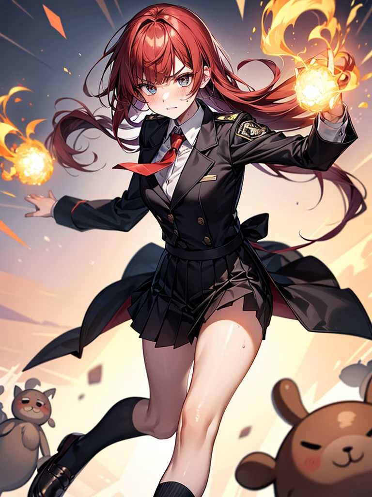 Dynamic composition,{{masterpiece}}, {{{Highest quality}}},{{Very detailed}}｛{{A mature woman attacks with fire magic}}｝,{{疲労でSweatをかいている成人女性}},Sweat,action,{{Blushing}},{{V-shaped eyebrows}},{{Long sleeve mini skirt uniform}},{{suspenders}},{{{Fight}},{Forward tilt},Raise your hand,Shoot flames from your hands ,{{Jump}},{{Eyelet foot}},,{{Magic Attack}},{{}},,Slender body}}{{Female police officer}},,,,suspenders　,Long sleeve mini skirt uniform, White High Socks,Black fingerless gloves, Long Red Hair, Red tie,Straight hair ,Blunt bangs,.amountn loafer,,blush,Wrinkles ,amount,,suffering,v-shaped eyebrows.,Sweat dripping,Medium chest ,get annoyed,