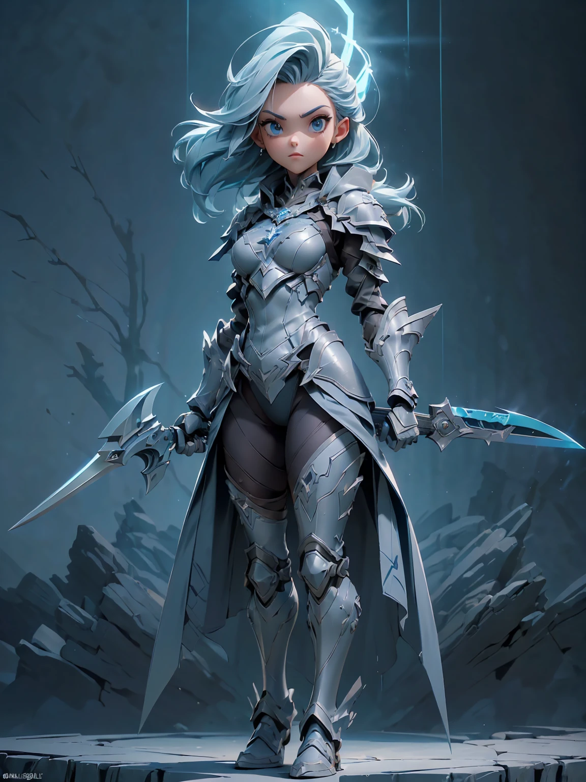 (((masterpiece, best quality, high detailed, 8k))) Design a layout showcase Gaming character, (1girl). Silver|Blue clothes, stylish and unique. ((showcase weapon:1.4)), lightning rod. (masterpiece:1.2), (best quality), 4k, ultra-detailed. (Step by step design, layout art:1.5), (luminous lighting, atmospheric lighting). storm mage, ((glove full hands)), (((revealing clothes:1.3))), vambraces, armored legwear, (((full_body_shot:1.4))). {During a thunderstorm}.