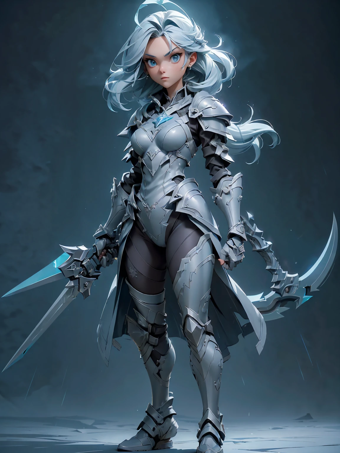 (((masterpiece, best quality, high detailed, 8k))) Design a layout showcase Gaming character, (1girl). Silver|Blue clothes, stylish and unique. ((showcase weapon:1.4)), lightning rod. (masterpiece:1.2), (best quality), 4k, ultra-detailed. (Step by step design, layout art:1.5), (luminous lighting, atmospheric lighting). storm mage, ((glove full hands)), (((revealing clothes:1.3))), vambraces, armored legwear, (((full_body_shot:1.4))). {During a thunderstorm}.