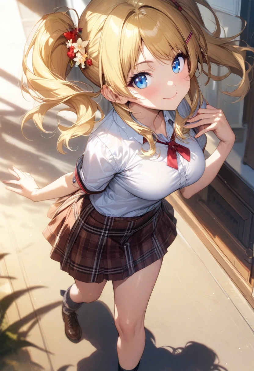 (masterpiece), (best quality), (ultra-detailed), (best illustration), (best shadow), (absurdres), (detailed background), (very aesthetic), meguru hachimiya, 1girl, blonde hair, skirt, solo, blue eyes, hair ornament, smile, plaid, breasts, twintails, plaid skirt, hairclip, looking at viewer, shirt, long hair