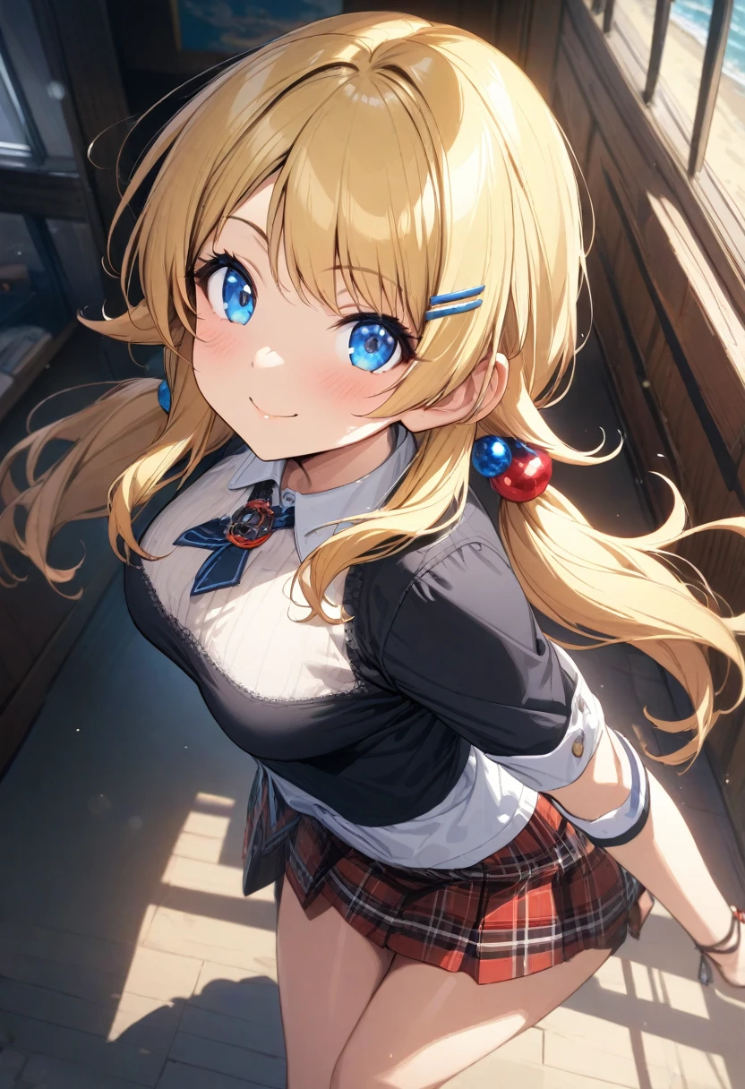 (masterpiece), (best quality), (ultra-detailed), (best illustration), (best shadow), (absurdres), (detailed background), (very aesthetic), meguru hachimiya, 1girl, blonde hair, skirt, solo, blue eyes, hair ornament, smile, plaid, breasts, twintails, plaid skirt, hairclip, looking at viewer, shirt, long hair