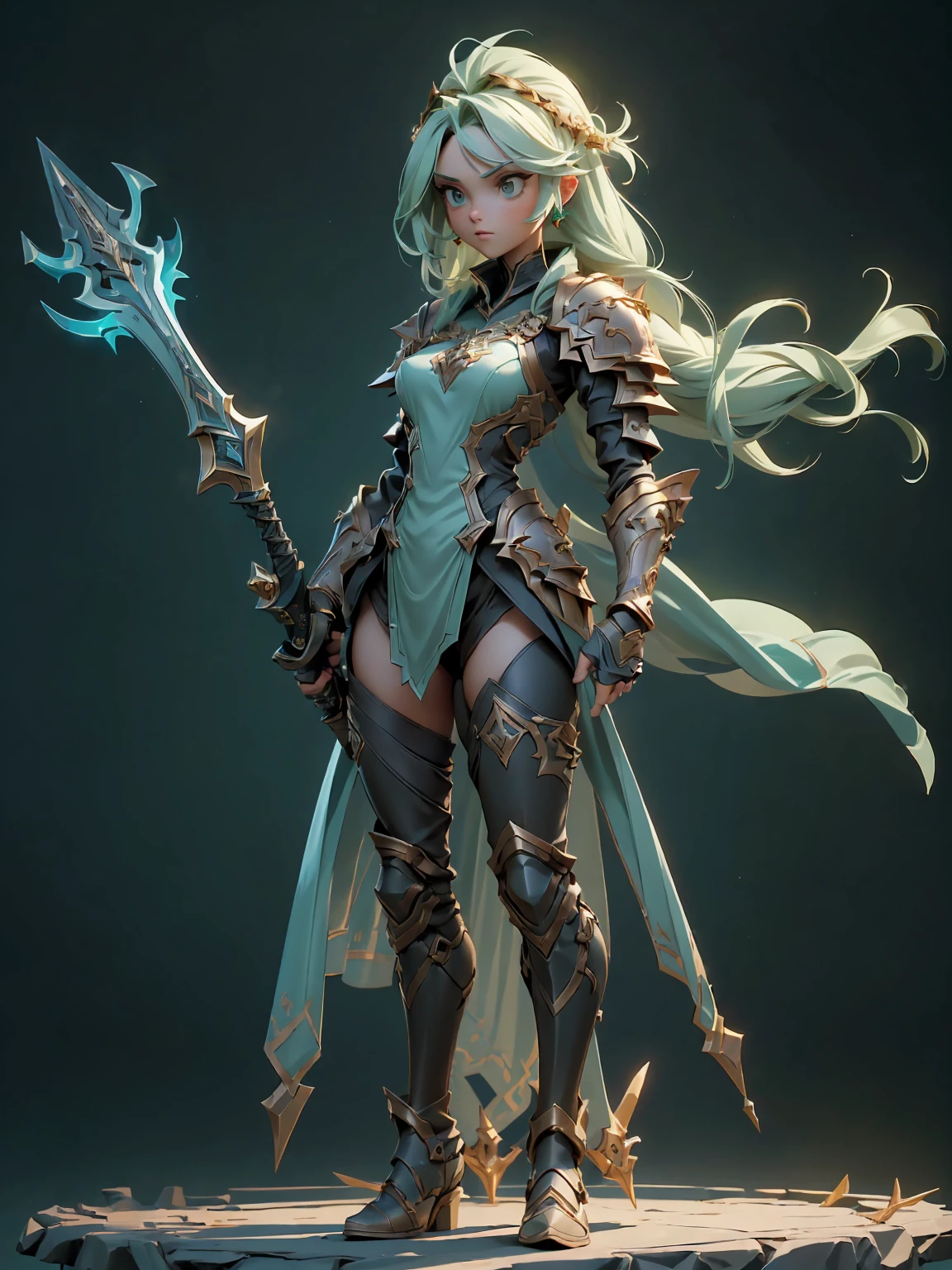 (((masterpiece, best quality, high detailed, 8k))) Design a layout showcase Gaming character, (1girl). Green|Gold clothes, stylish and unique. ((showcase weapon:1.4)), nature staff. (masterpiece:1.2), (best quality), 4k, ultra-detailed. (Step by step design, layout art:1.5), (luminous lighting, atmospheric lighting). druid, ((glove full hands)), (((revealing clothes:1.3))), vambraces, armored legwear, (((full_body_shot:1.4))). {In a magical meadow}.