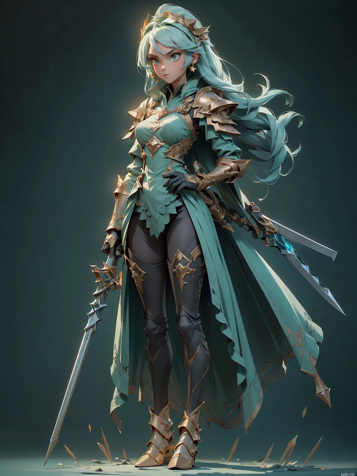 (((masterpiece, best quality, high detailed, 8k))) Design a layout showcase Gaming character, (1girl). Green|Gold clothes, stylish and unique. ((showcase weapon:1.4)), nature staff. (masterpiece:1.2), (best quality), 4k, ultra-detailed. (Step by step design, layout art:1.5), (luminous lighting, atmospheric lighting). druid, ((glove full hands)), (((revealing clothes:1.3))), vambraces, armored legwear, (((full_body_shot:1.4))). {In a magical meadow}.