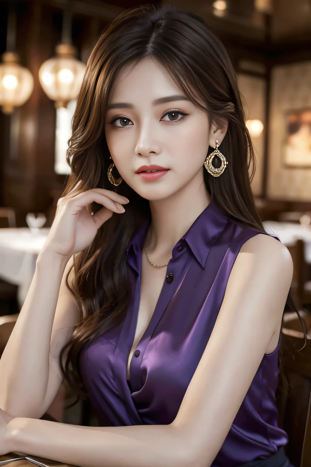 masterpiece, Highest quality, Realistic, Very detailed, Finer details, High resolution, 8k wallpaper, One beautiful woman, Wear a pretty colored silk shirt, In a great restaurant, At night, Light brown messy hair, Perfect dynamic composition, Beautiful and beautiful eyes、Big earrings、chest、Sleeveless shirt、