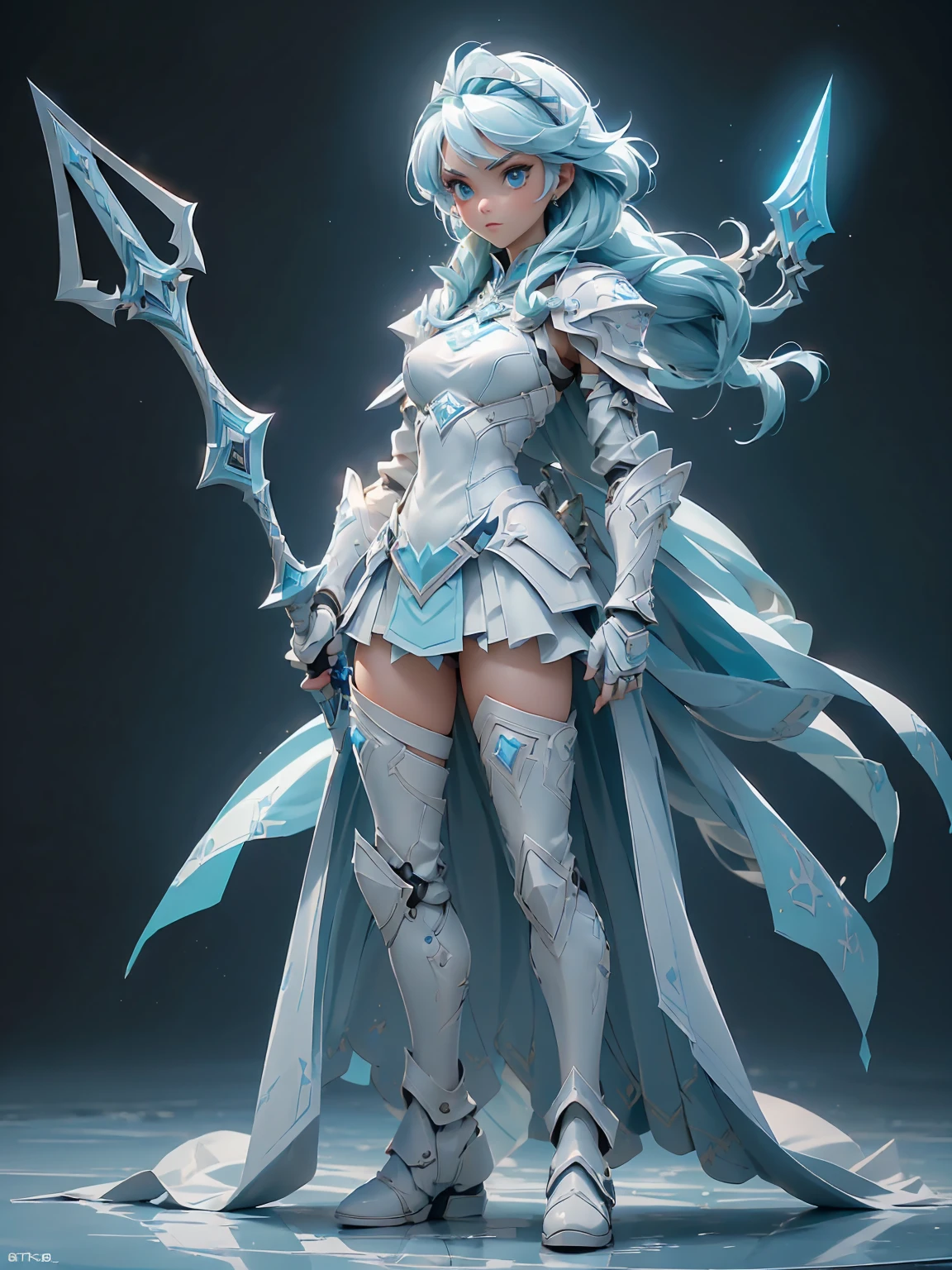 (((masterpiece, best quality, high detailed, 8k))) Design a layout showcase Gaming character, (1girl). Blue|White clothes, stylish and unique. ((showcase weapon:1.4)), ice spear. (masterpiece:1.2), (best quality), 4k, ultra-detailed. (Step by step design, layout art:1.5), (luminous lighting, atmospheric lighting). ice queen, ((glove full hands)), (((revealing clothes:1.3))), vambraces, armored legwear, (((full_body_shot:1.4))). {On a frozen lake}.
