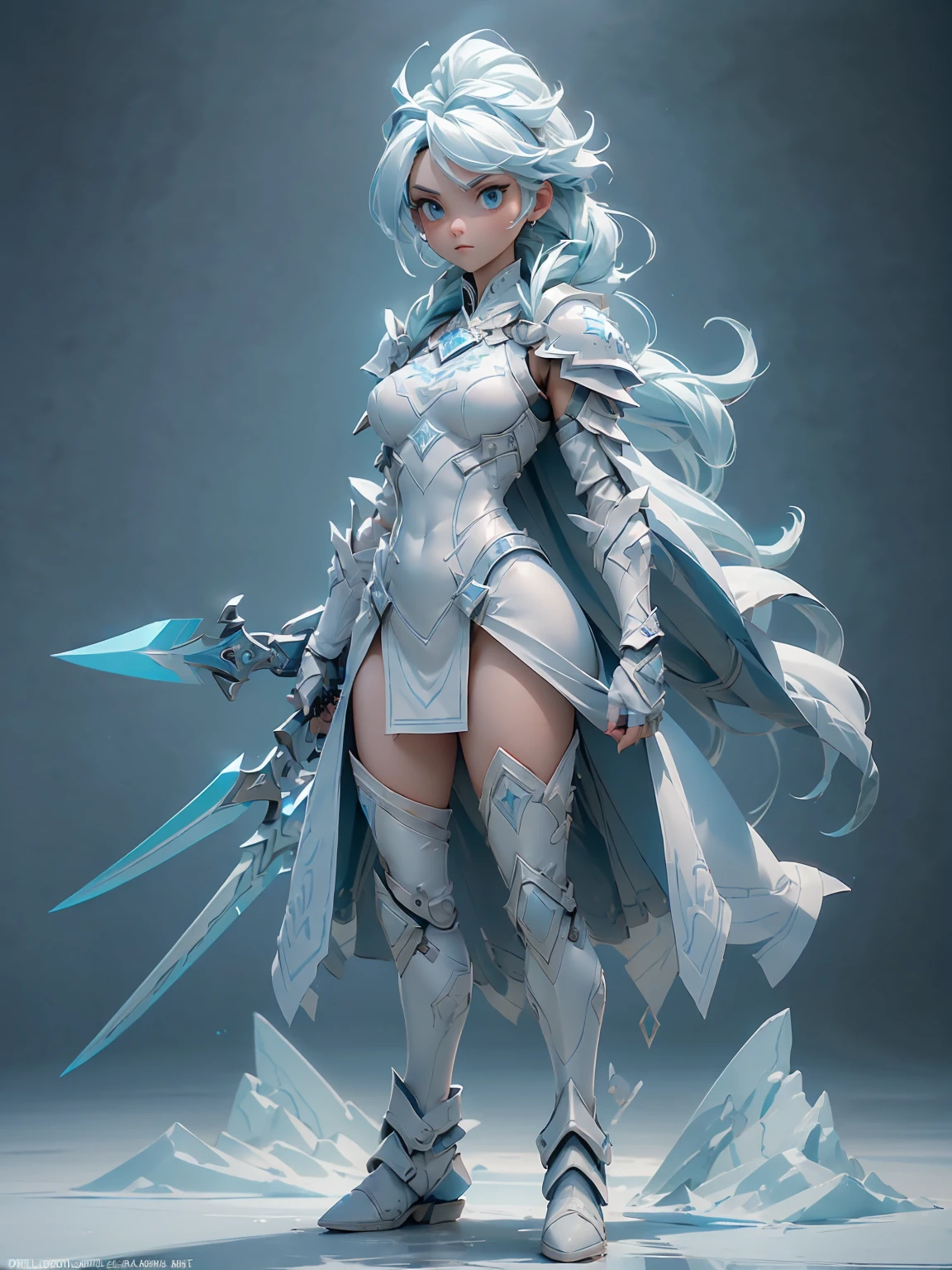 (((masterpiece, best quality, high detailed, 8k))) Design a layout showcase Gaming character, (1girl). Blue|White clothes, stylish and unique. ((showcase weapon:1.4)), ice spear. (masterpiece:1.2), (best quality), 4k, ultra-detailed. (Step by step design, layout art:1.5), (luminous lighting, atmospheric lighting). ice queen, ((glove full hands)), (((revealing clothes:1.3))), vambraces, armored legwear, (((full_body_shot:1.4))). {On a frozen lake}.