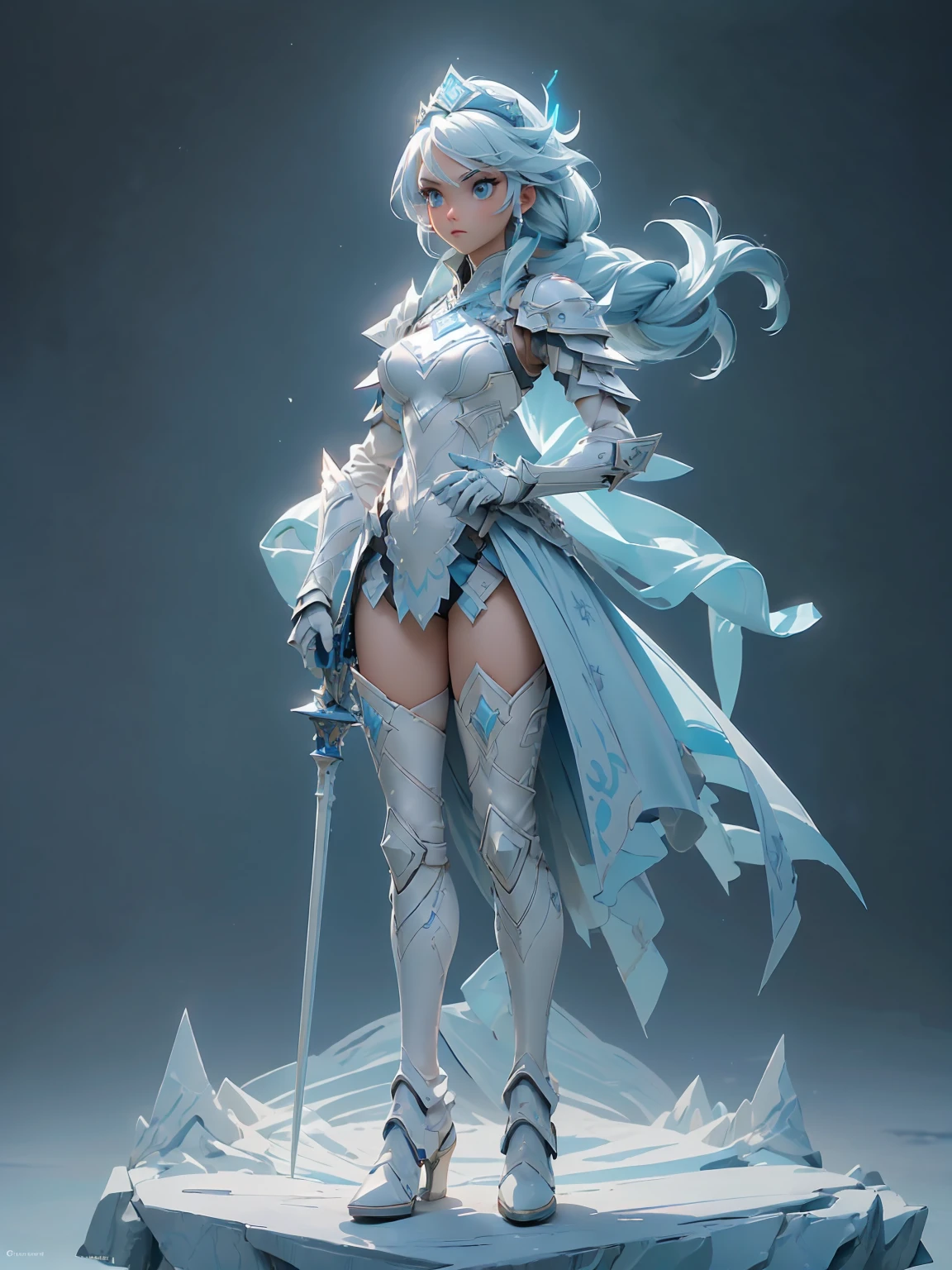 (((masterpiece, best quality, high detailed, 8k))) Design a layout showcase Gaming character, (1girl). Blue|White clothes, stylish and unique. ((showcase weapon:1.4)), ice spear. (masterpiece:1.2), (best quality), 4k, ultra-detailed. (Step by step design, layout art:1.5), (luminous lighting, atmospheric lighting). ice queen, ((glove full hands)), (((revealing clothes:1.3))), vambraces, armored legwear, (((full_body_shot:1.4))). {On a frozen lake}.