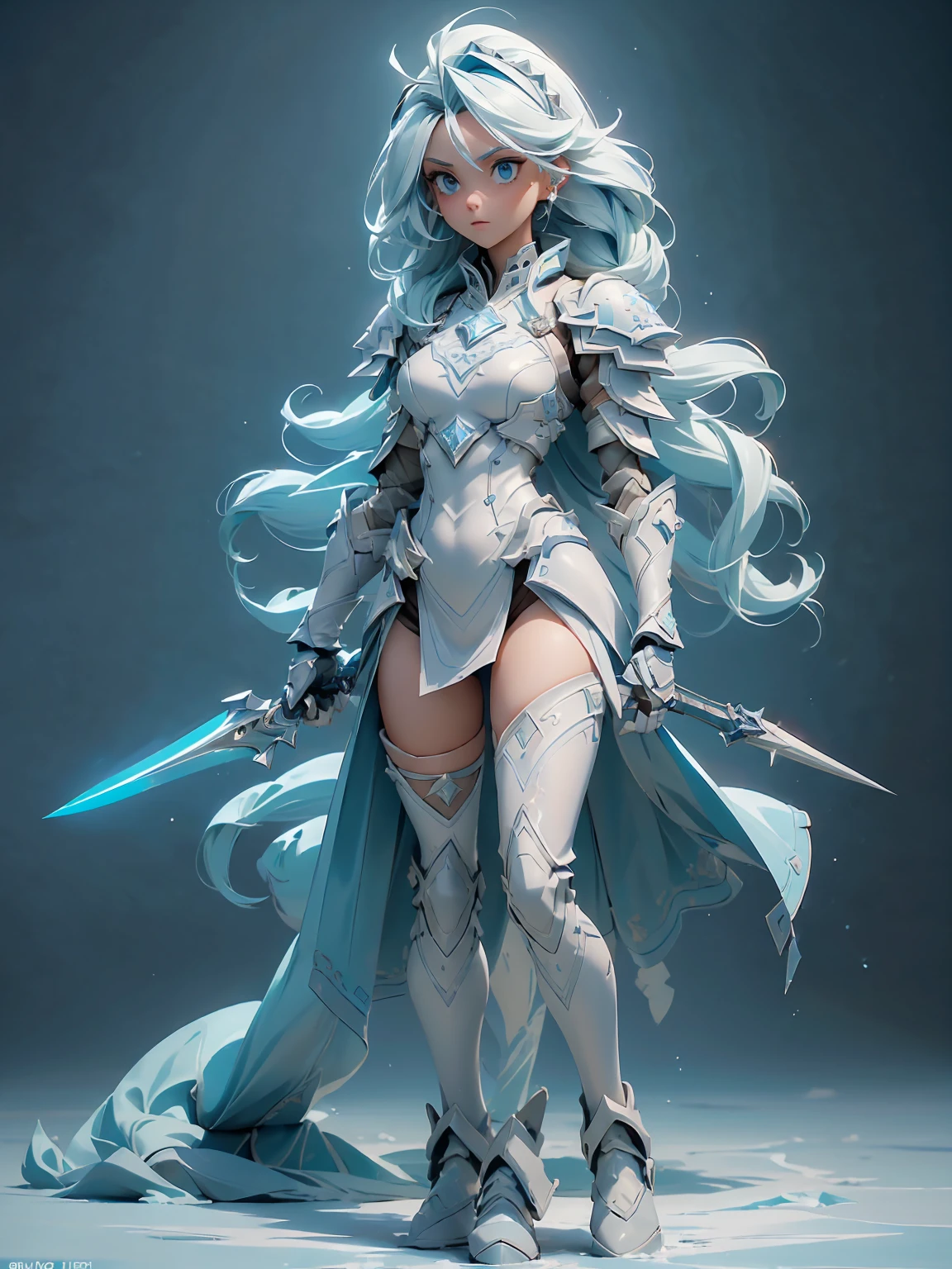 (((masterpiece, best quality, high detailed, 8k))) Design a layout showcase Gaming character, (1girl). Blue|White clothes, stylish and unique. ((showcase weapon:1.4)), ice spear. (masterpiece:1.2), (best quality), 4k, ultra-detailed. (Step by step design, layout art:1.5), (luminous lighting, atmospheric lighting). ice queen, ((glove full hands)), (((revealing clothes:1.3))), vambraces, armored legwear, (((full_body_shot:1.4))). {On a frozen lake}.
