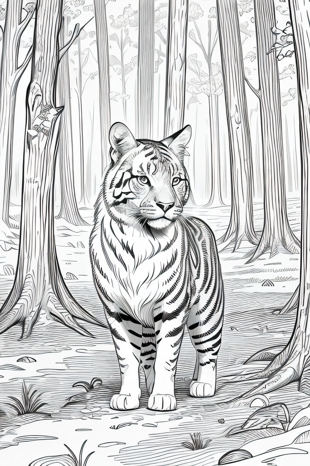 coloring page of animals in the forest , no colors, background only the traces