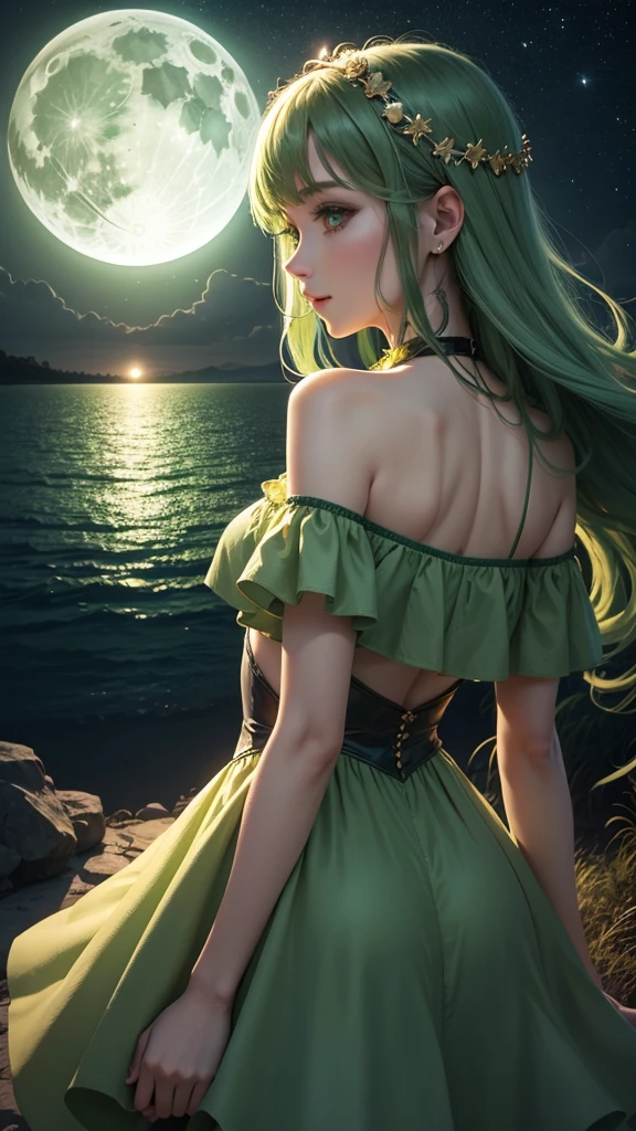 Create a beautiful green night with a green moon that is something magical I don't want with people