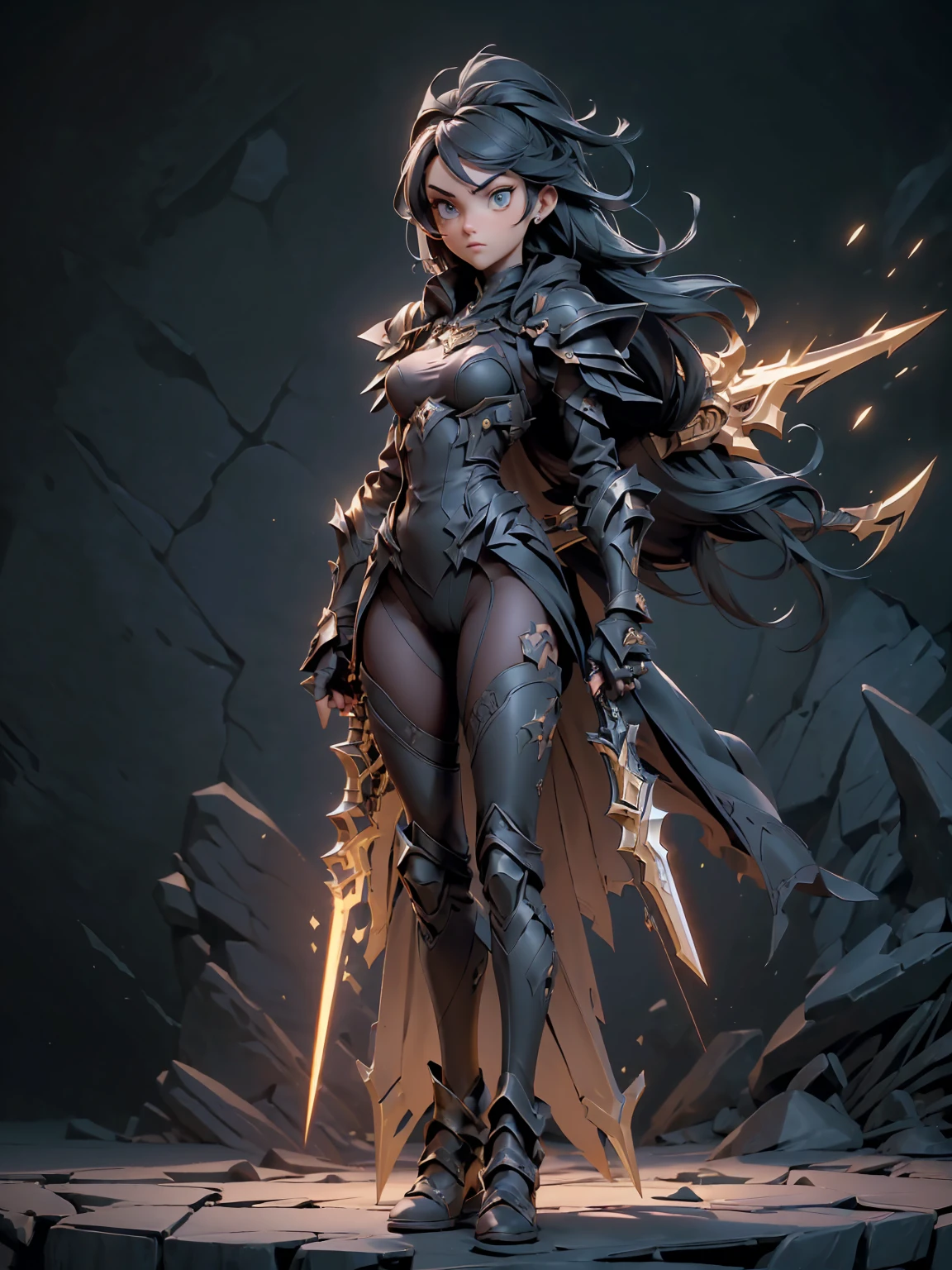 (((masterpiece, best quality, high detailed, 8k))) Design a layout showcase Gaming character, (1girl). Black|Gold clothes, stylish and unique. ((showcase weapon:1.4)), dark scythe. (masterpiece:1.2), (best quality), 4k, ultra-detailed. (Step by step design, layout art:1.5), (luminous lighting, atmospheric lighting). necromancer, ((glove full hands)), (((revealing clothes:1.3))), vambraces, armored legwear, (((full_body_shot:1.4))). {In a haunted graveyard}.