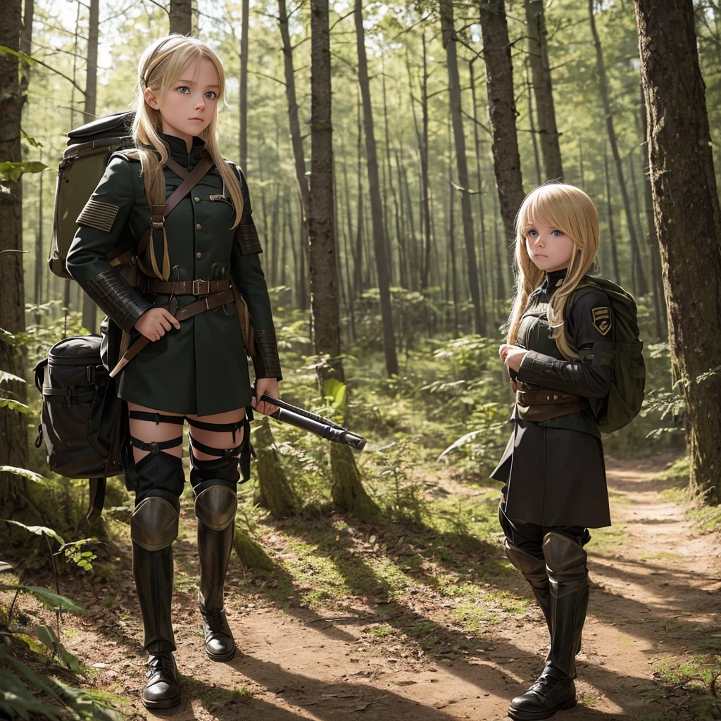 Young blonde adventurer girl, wearing a black military uniform and armor, carrying a large backpack filled with various items. She stands in a forest, looking determined and adventurous, with a hint of curiosity in her eyes, solo