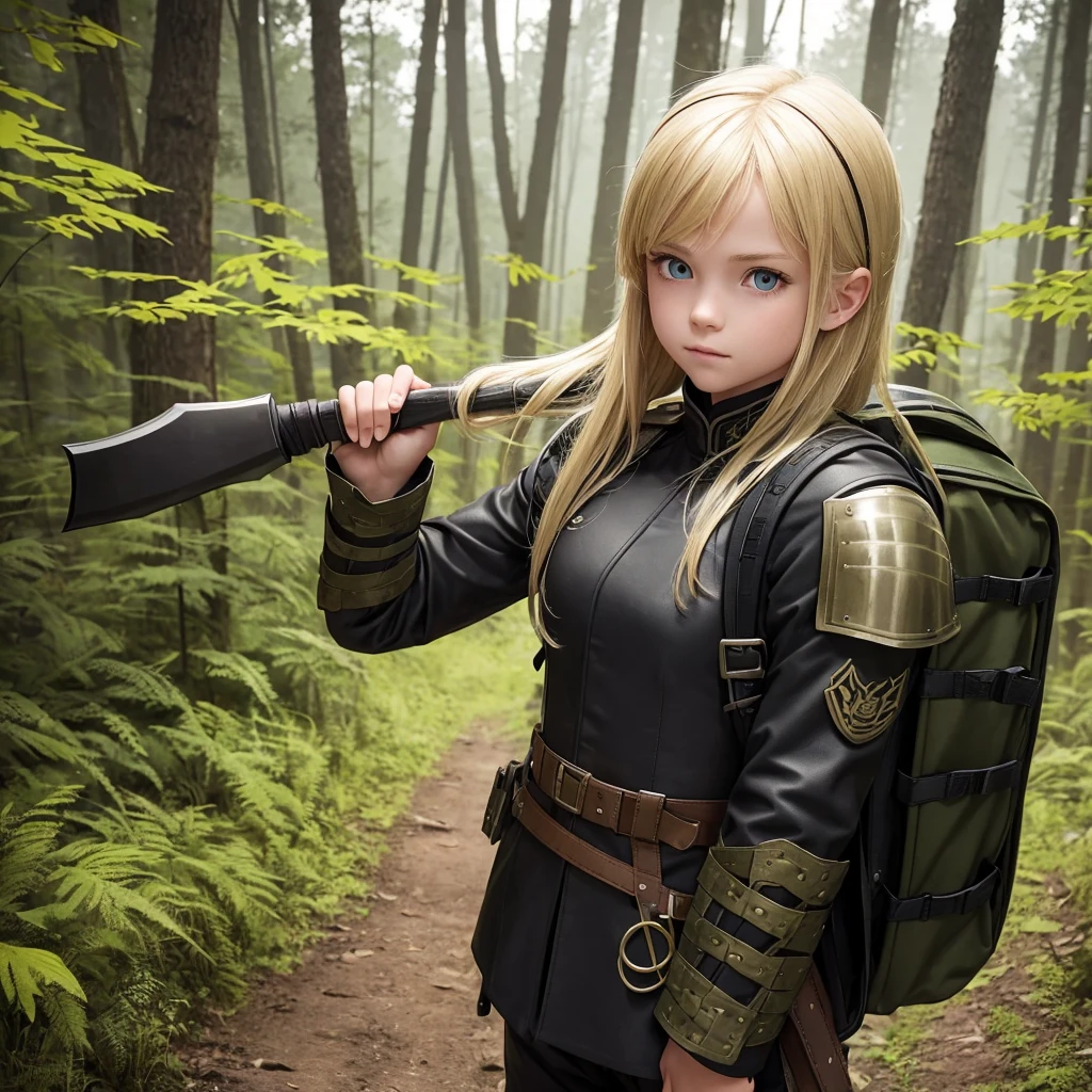 Young blonde adventurer girl, wearing a black military uniform and armor, carrying a large backpack filled with various items. She stands in a forest, looking determined and adventurous, with a hint of curiosity in her eyes, solo