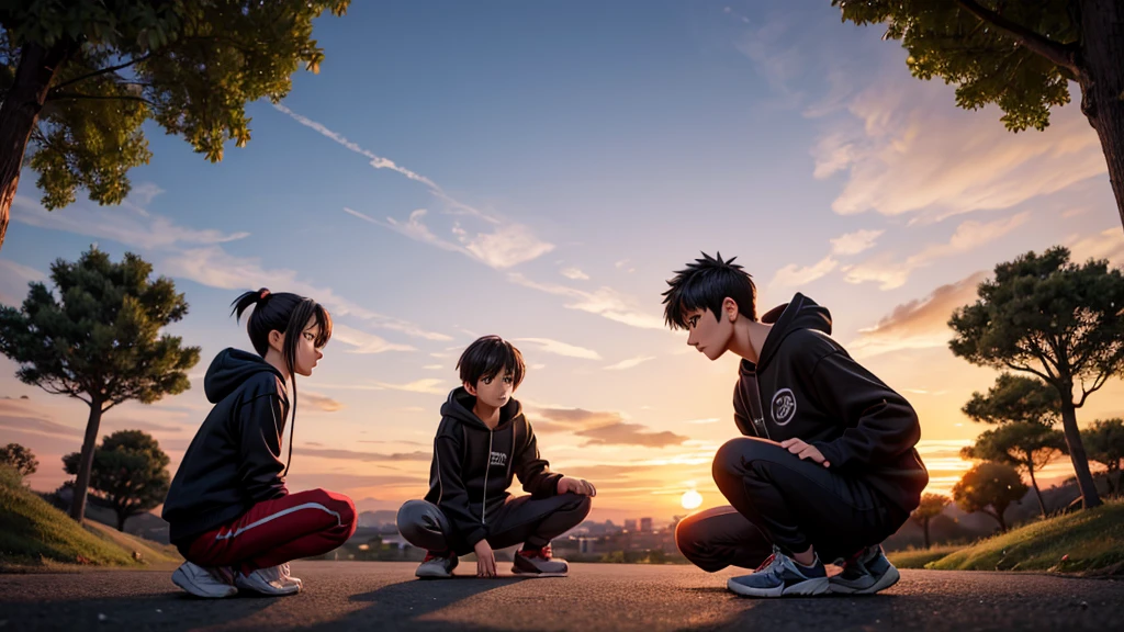 Create an anime-style illustration of two characters in a training session at sunset. The main character, dressed in a hoodie, is shadowboxing, while the other character, looking tired, is crouched on the ground. The scene is set against a backdrop of a suburban area with lush greenery and a dramatic sunset sky with warm hues. ultra high definition image in black and white aspect