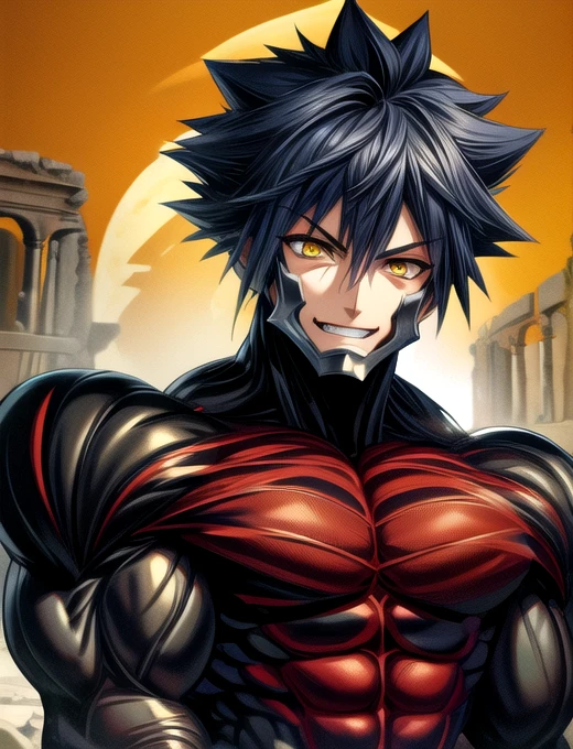 best quality, ​masterpiece, highres, detailed, digitale Illustration, VanitasKH, spiky hair, yellow  eyes, evil smile, Chin guard, Body, ancient ruins, 1 boy, upper body,  muscular,muscular legs , muscular arms, Muscular upper body, muscular abdominal muscles , muscular shoulders, muscular body