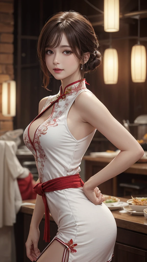 (masterpiece:1.2, Highest quality), (Realistic, photoRealistic:1.4), Beautiful illustrations, (natural ~ side lighting, Cinema Lighting), Browsing Caution,
Looking at the audience, Face Focus, Upper Body, 1 girl, Japanese, high school girl, Perfect Face, Symmetrical cute face, (Glowing Skin:1.3), Perfect Eyes,
(Double Bang:1.3, Brown Hair), Asymmetrical bangs, Brown eyes, (Large Breasts:1.3), Narrow waist,(Big Ass:1.2),
Beautiful Hair, Beautiful Face, Fine and beautiful eyes, Beautiful clavicle, Beautiful body, Beautiful breasts, Beautiful thighs, Beautiful legs, Beautiful fingers,
((High-quality fabric, Sleeveless Red Micro Mini Cheongsam, Slit at waist)),
(Beautiful views), evening, (Ramen shop), walk,(A small smile, Upper Eye), ,((Please show me your armpits)),~ side ,