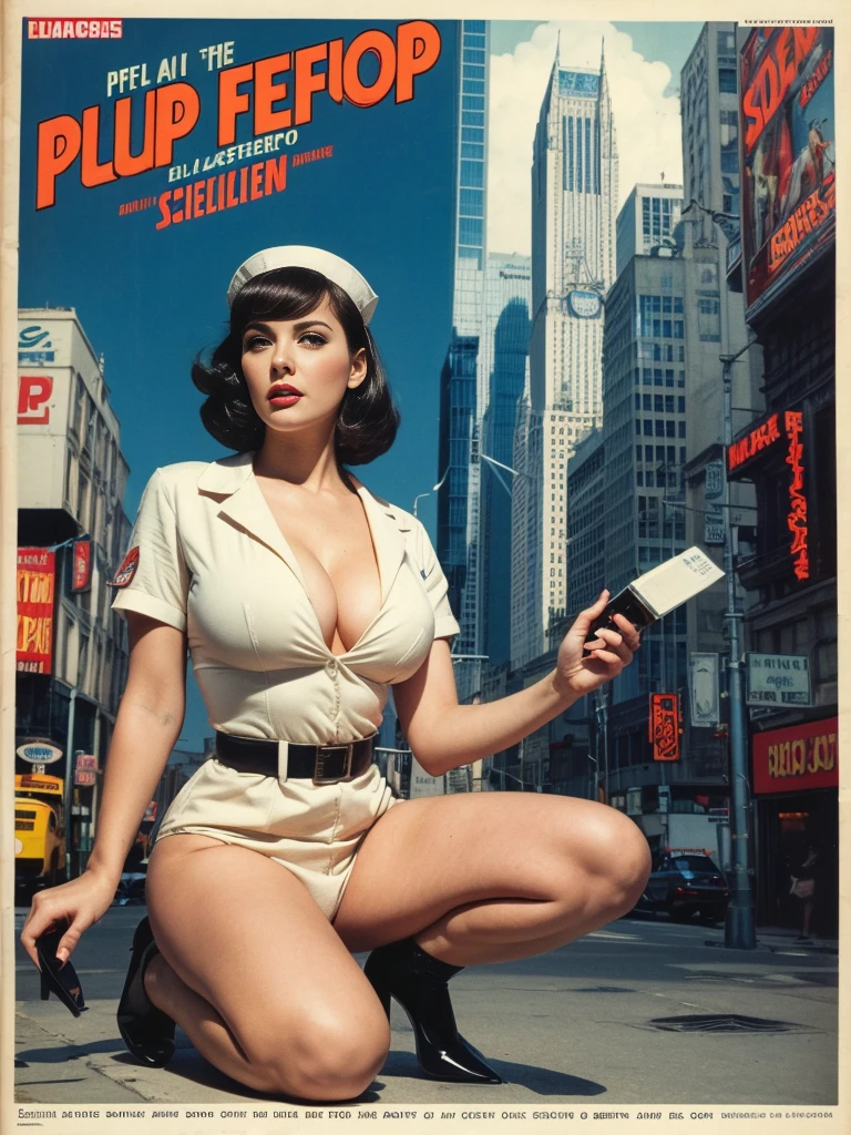 full body, Masterpeace(Masterpiece, Best Quality), 8k Wallpaper, highly detailed, poster, vintage sci-fi film,ultra gigantic : 1.3, super huge breastsultra huge cleavage: 1.3 magazine cover with sexy giant nurse tower over a tiny city, a portrait by Paul Kane, cinematic movie poster, perfect face, colorful hair, Attack of the 50 foot woman, giant woman, tiny city, lines, abstract, mid century modern, movie poster, vintage, white nurse uniform, stiletto high heel shoes, tiny destroyed skyscrapers city, retrofuturism, pulp sci fi, pulp sci-fi, 60's pulp illustration, scifi pulp, pulp book cover art, pulp scifi, old retro pulp comic cover, pulp science fiction, pulp scifi illustration, vintage scifi, skyscrapers sized under her knee