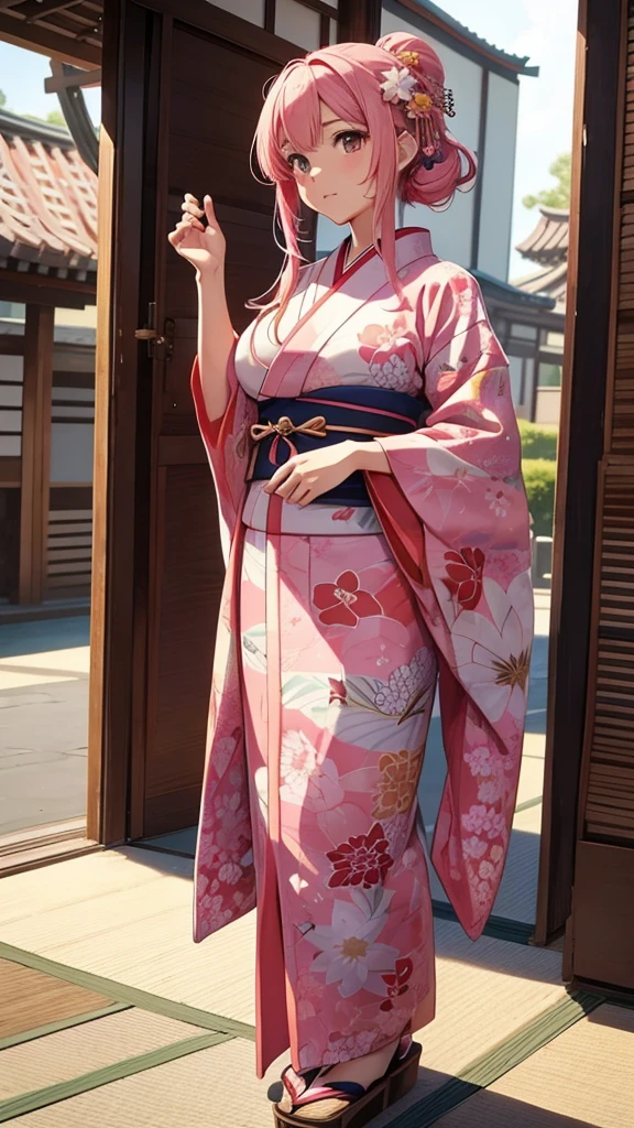 Gal、Sengoku period、Wearing a kimono、The kimono is open、cute、Pink Hair、Emphasize large breasts、Have food、Around 25 years old、Anime style illustrations