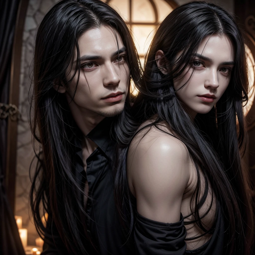 a close up of a person with long hair and a blood covered face, male vampire of clan banu haqim, with his long black hair, handsome male vampire, male vampire, handsome guy in demon slayer art, beautiful androgynous prince, by Yang J, alucard, beautiful male god of death, androgynous vampire, with long dark hair, masterpiece, 4k, best quality 